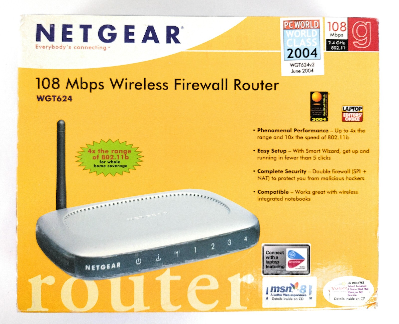 Netgear WiFi Firewall 108 Mbps 4-Port 10/100 Wireless 802.11b/g WGT624v2