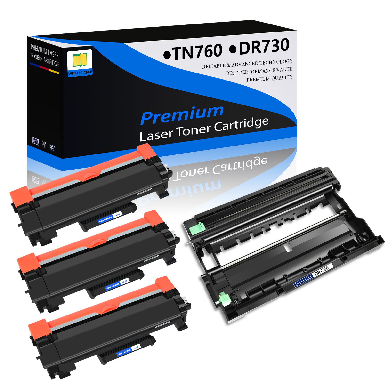 3PK TN760 Toner + 1PK DR730 Drum Unit For Brother HL-L2350DW/L2370DW/L2370DW