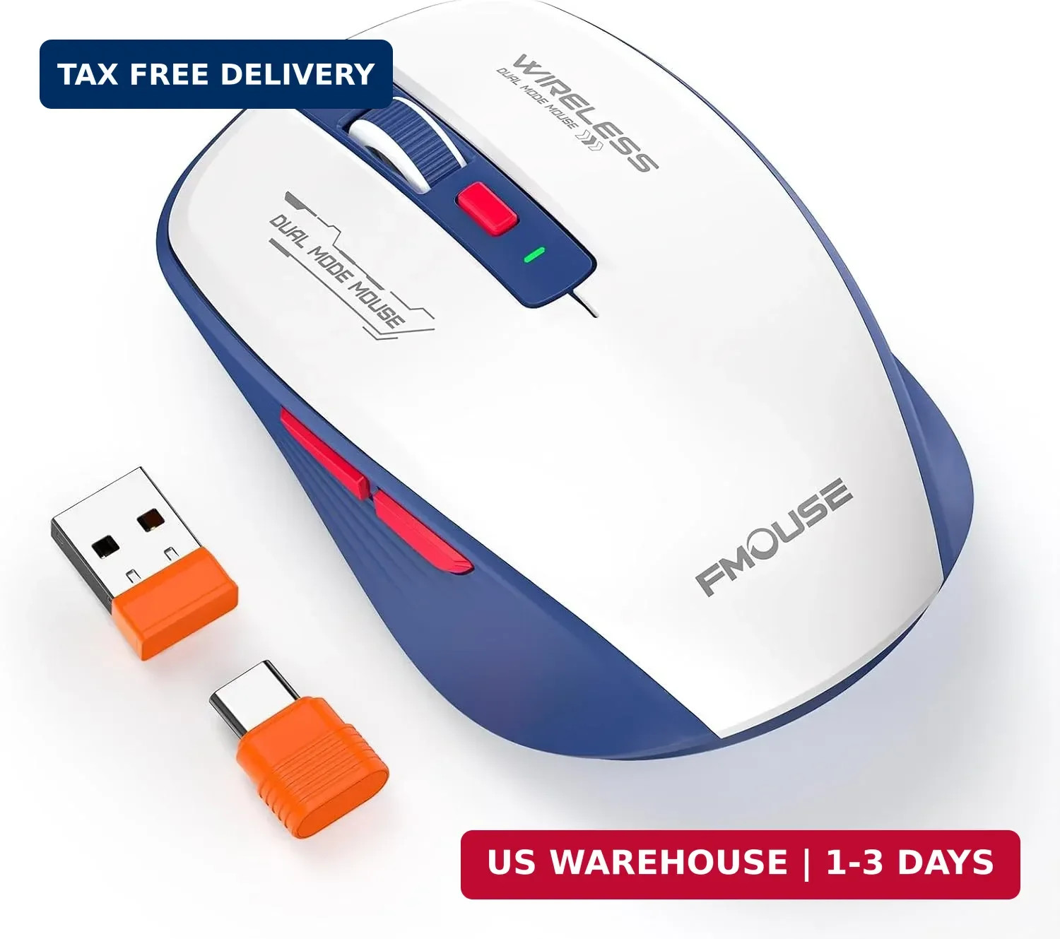 Wireless Mouse Blue White, Dual-Mode Bluetooth & 2.4G, Side Buttons