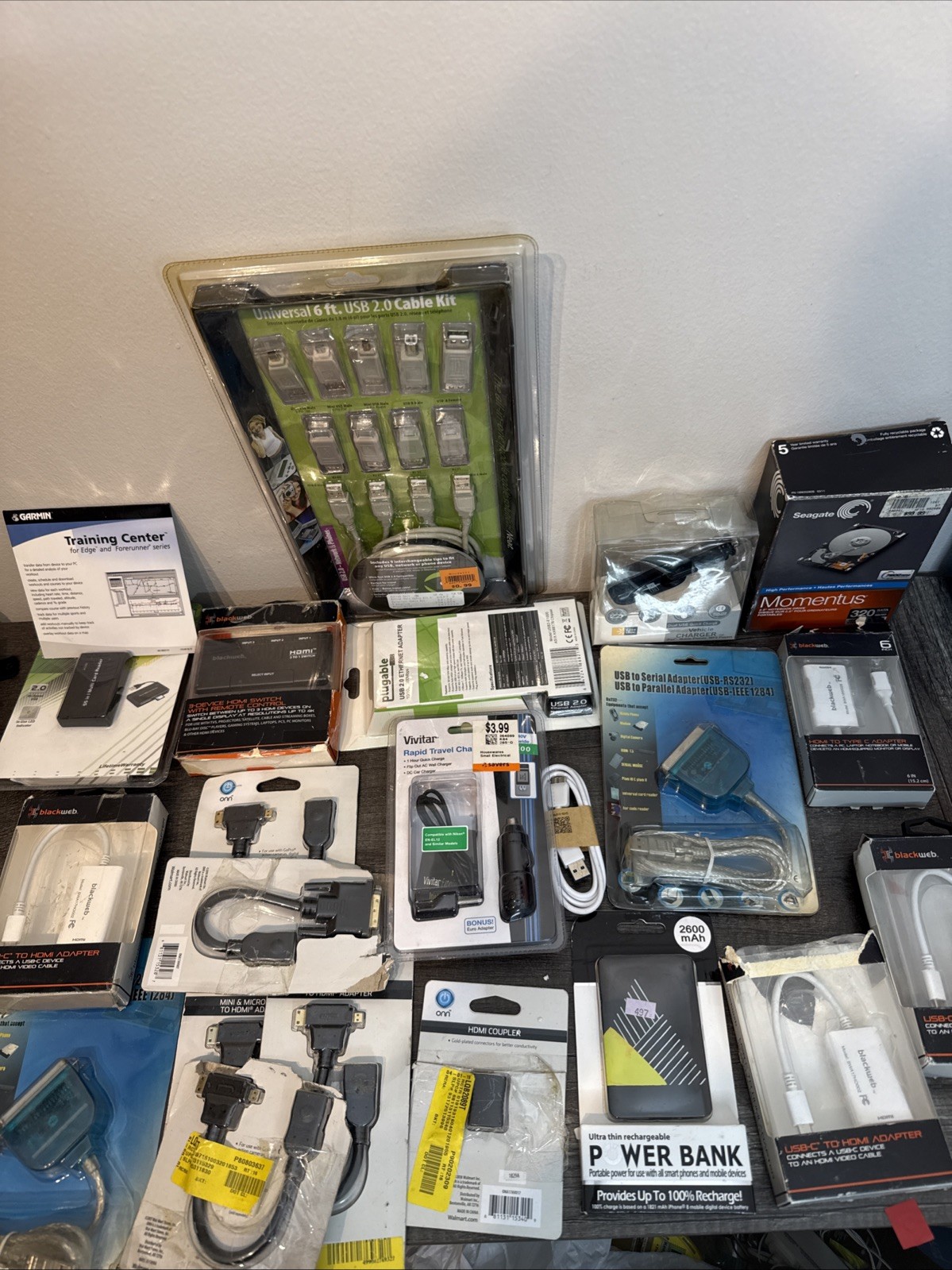 Large Mixed Tech Accessories Lot HDMI USB-C Adapters RS232 Seagate Blackweb