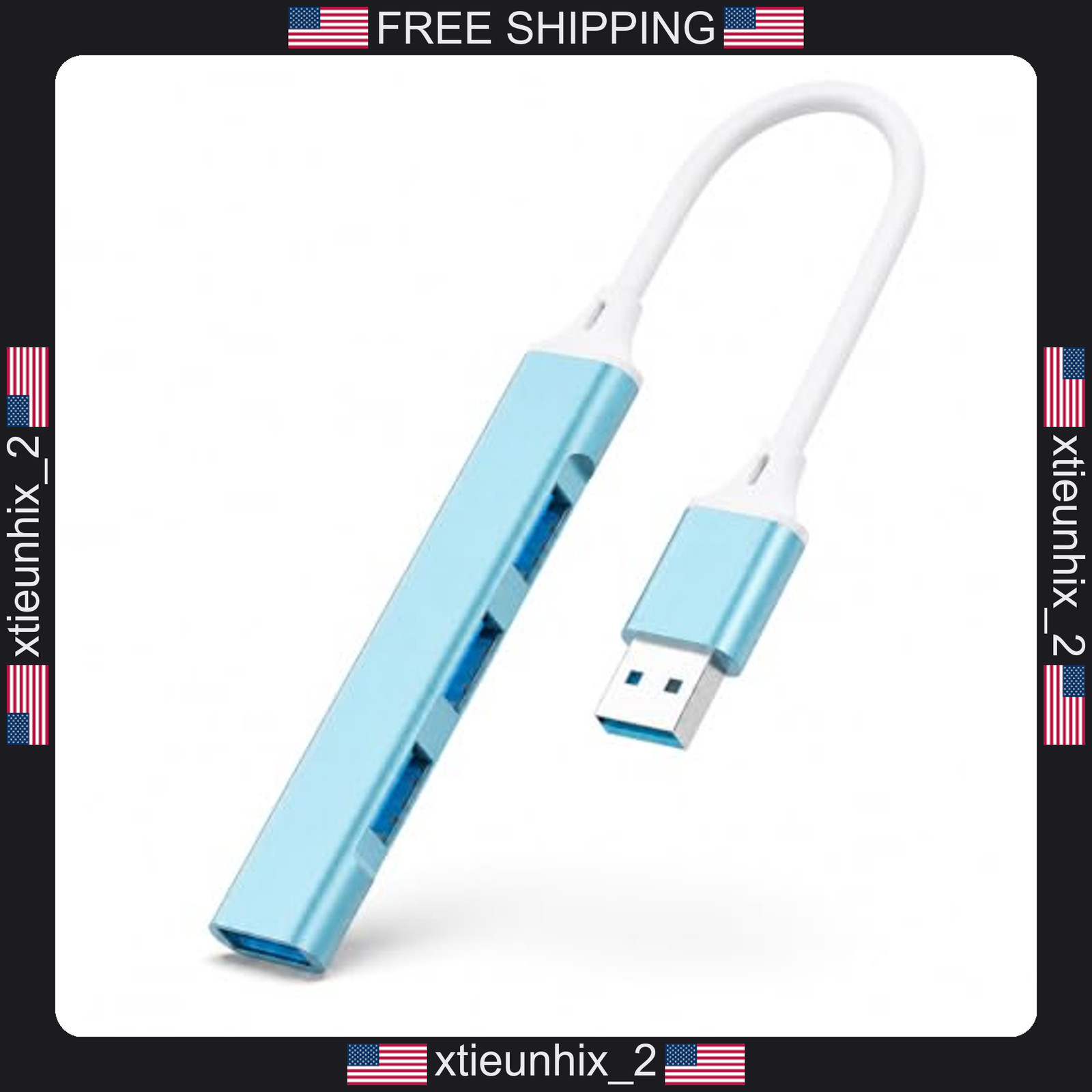 USB Hub 4 Ports Aluminum Light Blue for Laptop, 1 USB 3.0 & 3 USB 2.0