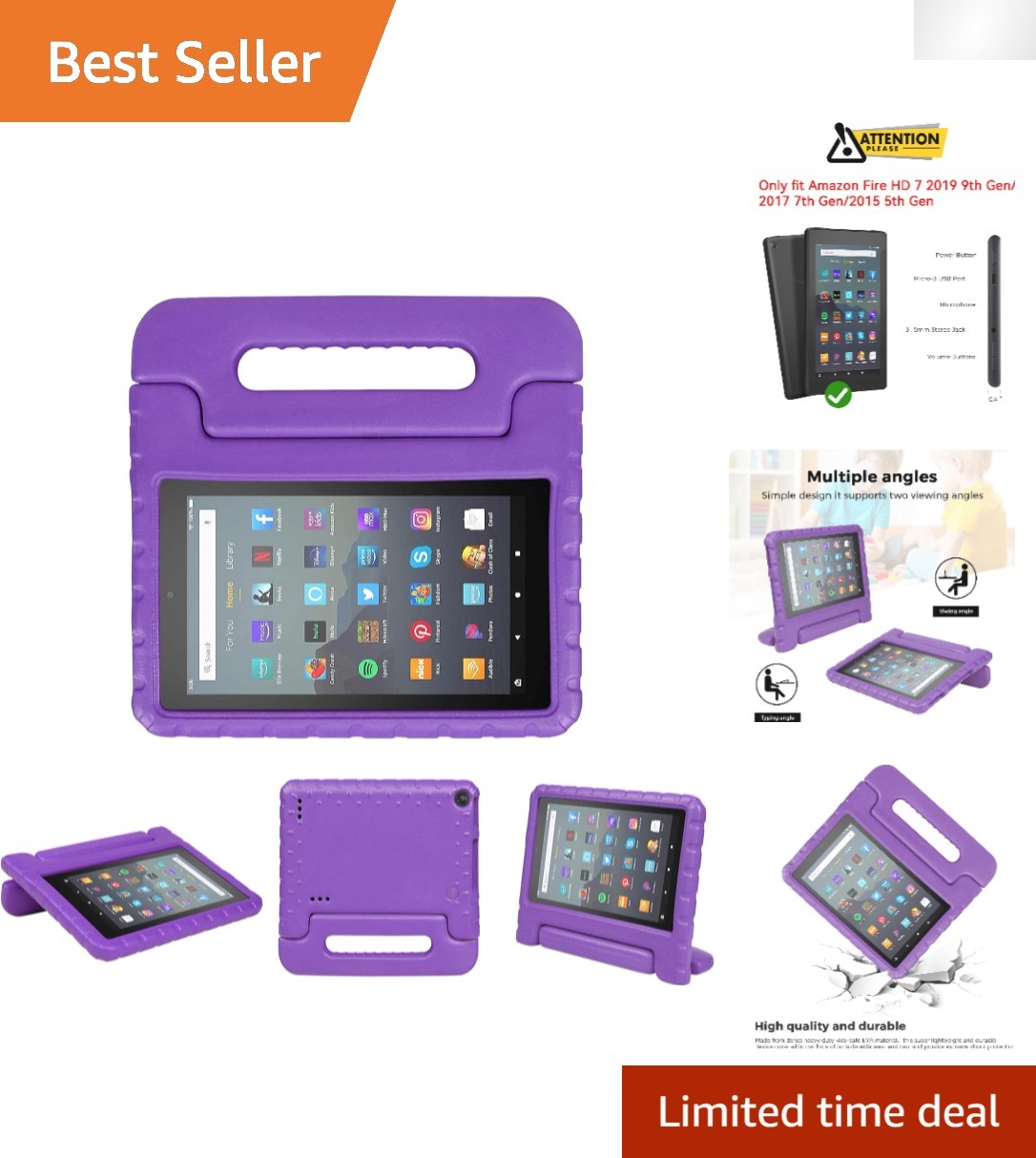 Kid-Proof Purple EVA Case for Fire 7 Tablet 9th/7th/5th Gen – Shockproof & Ea...