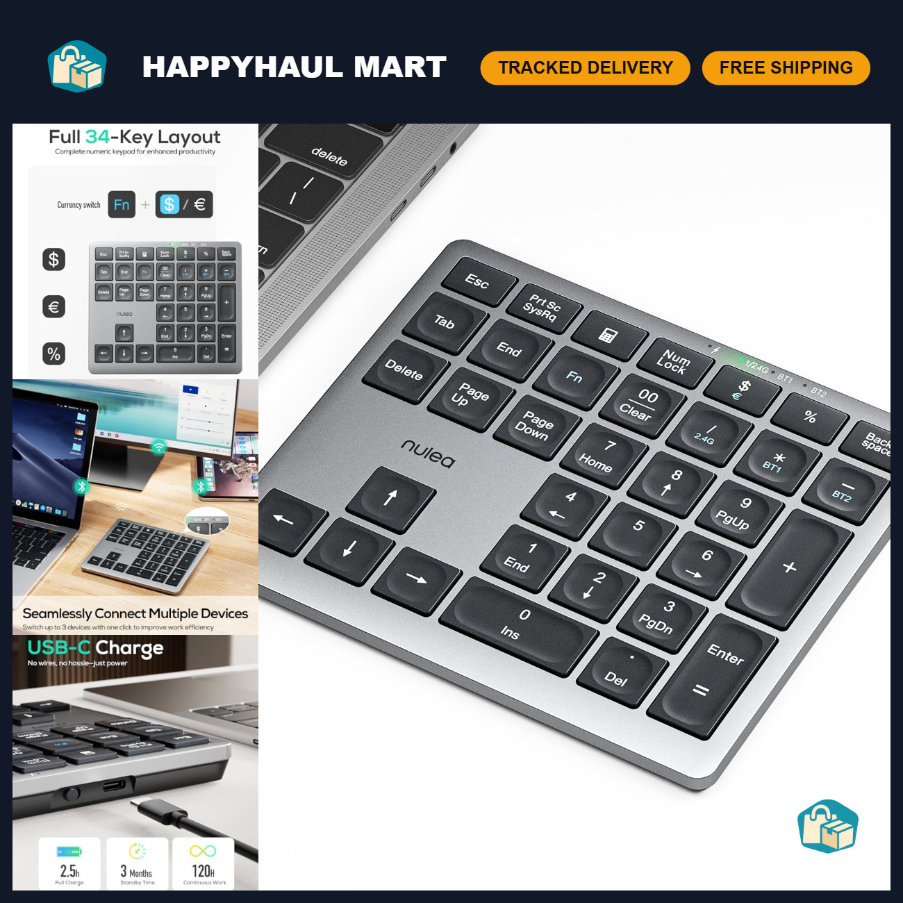 Wireless Bluetooth Number Pad for Laptop - 2.4G Connection, Portable Keypad