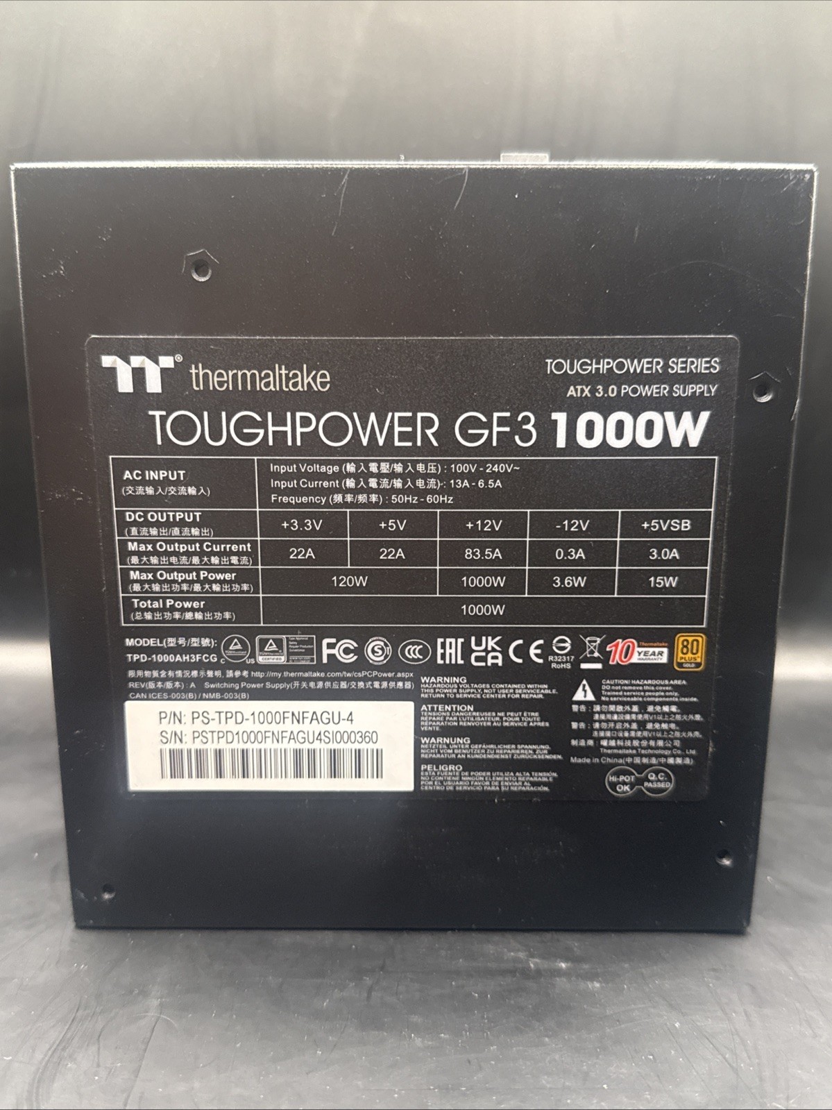 Thermaltake Toughpower GF3 1000W ATX 3.0 Modular Power Supply, Black