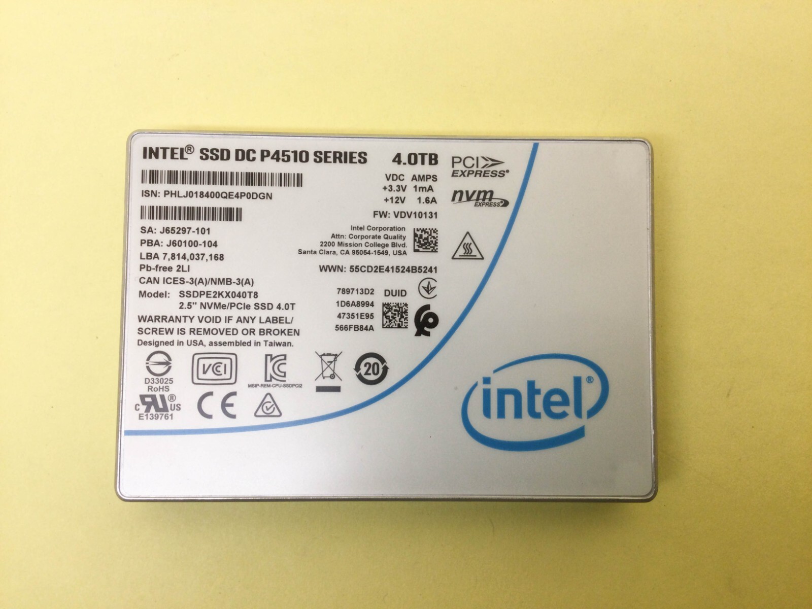 Intel DC P4510 Series 4TB U.2 NVMe PCIe 2.5'' Solid State Drive SSDPE2KX040T8