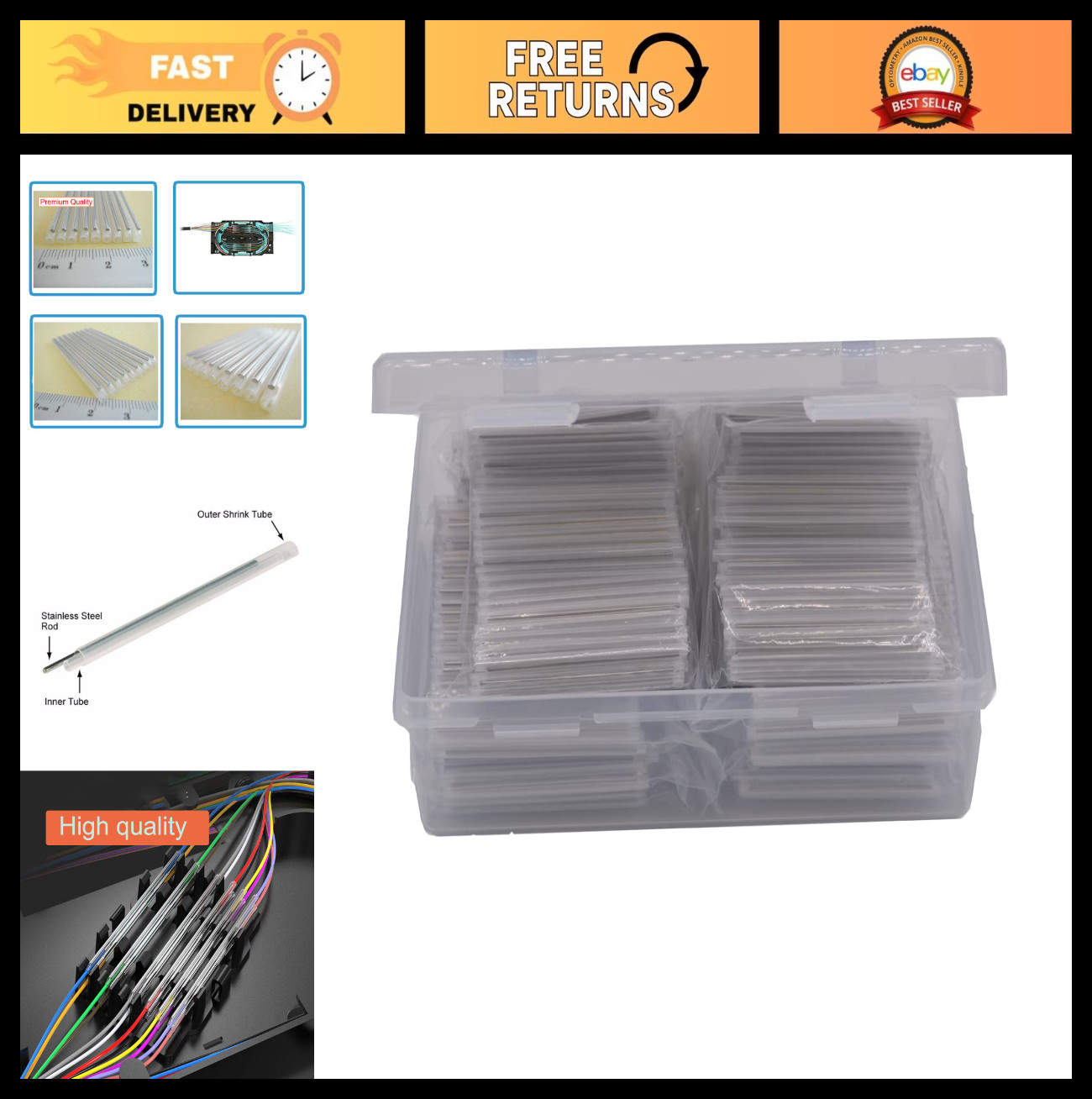 1000pcs Fiber Optic Fusion Splice Protection Sleeves with Box, 2.4mm Dia, 60mm L