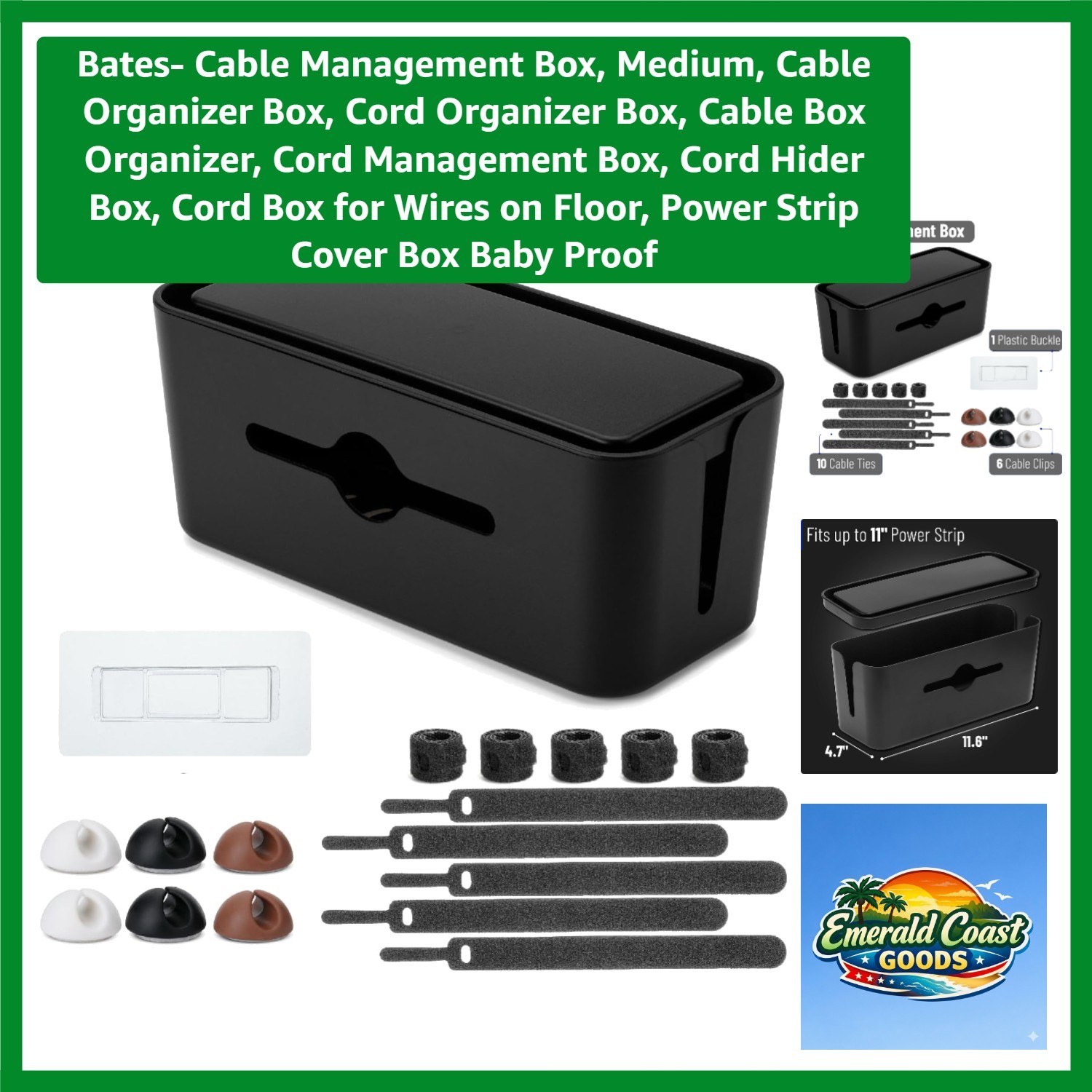 Bates Medium Cable Management Box with Clips & Ties - Neat & Stylish Solution