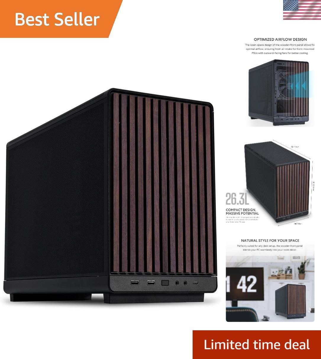 Stylish A3 Black Mesh PC Case with Walnut Front - Ideal for Mini Tower Builds