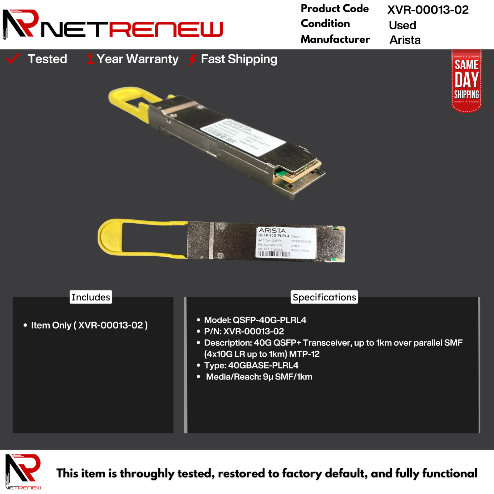 Arista QSFP-40G-PLRL4 XVR-00013-02 40G 4x1310nm LR QSFP+ Optical Transceiver