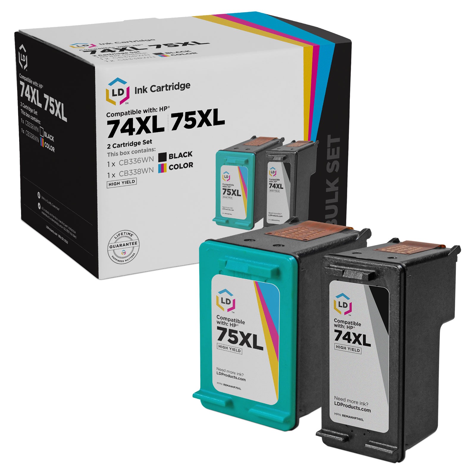 LD Reman Replacements for HP 74XL 75XL Set of 2 HY Ink: 1 CB336 1 CB338