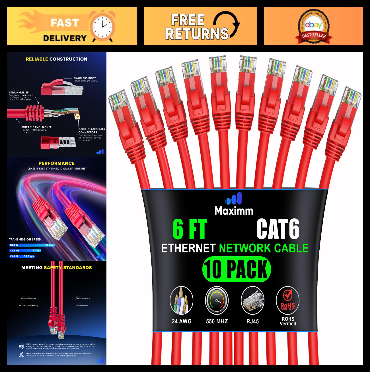 High-Speed Cat6 Ethernet Cable 6ft Red - 10-Pack, 10Gbps 550MHz UTP Network Cord