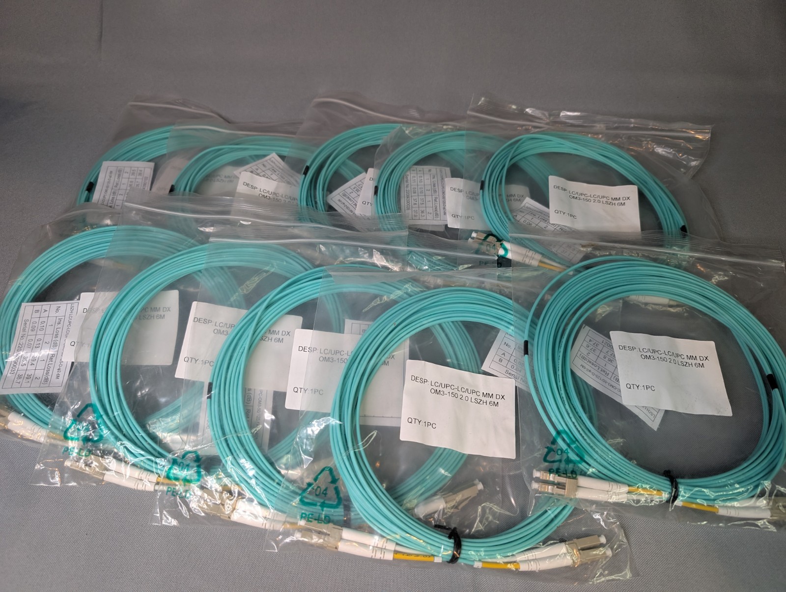 LC-LC UPC Fiber Optic Patch Cable 6M Lot Of 10 Duplex MM DX OM3-150 2.0 LSZH