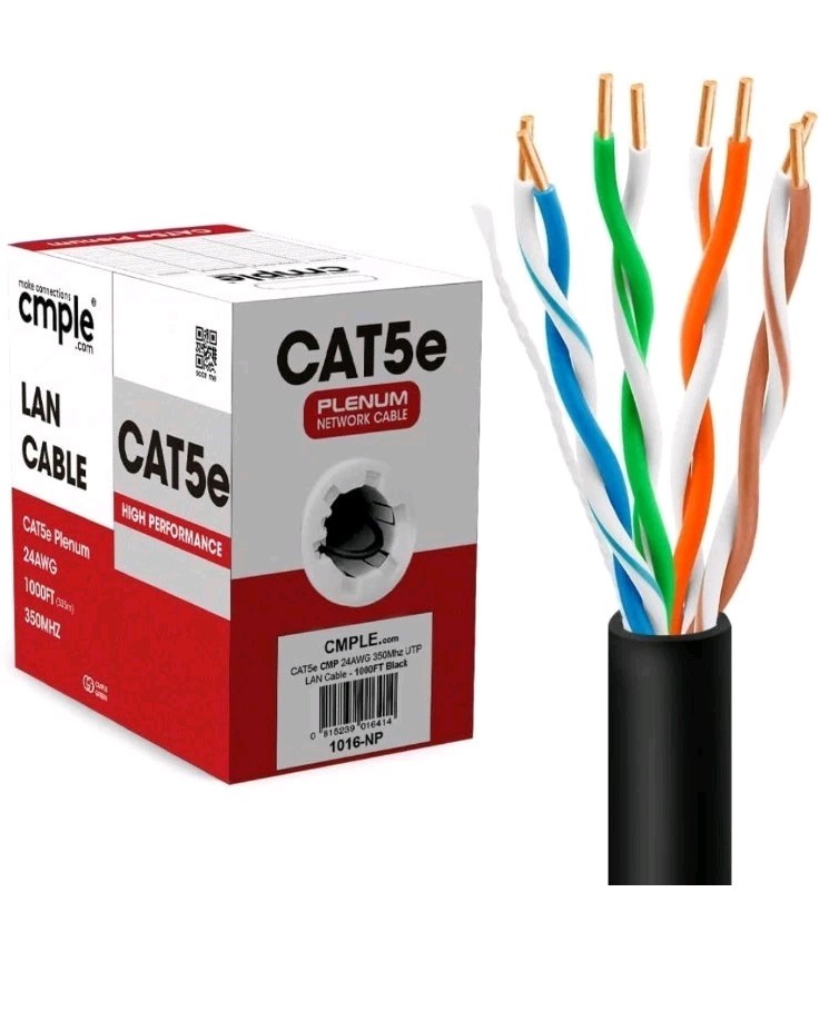 Cmple Cat5e Plenum Cable 1000ft, CMP, Black, 350MHz Gigabit Ethernet Bulk Cable