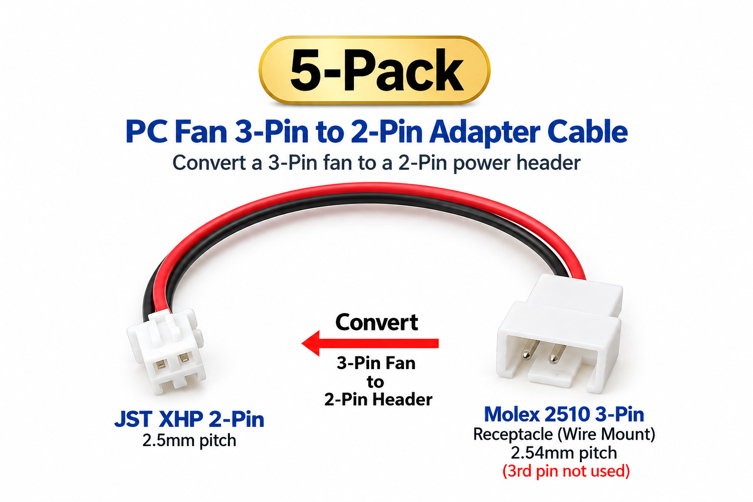 5-Pack PC Fan 3-Pin to 2-Pin Adapter Cable JST XHP 2.5mm Molex 2510 2.54mm