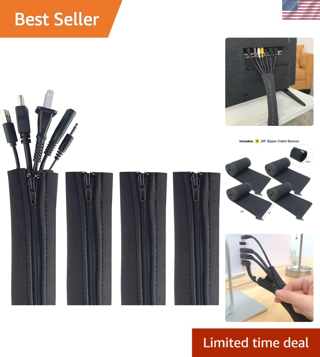 Stylish Cable Management with 4-Pack Zipper Sleeves - 24" x 4" Neoprene Covers