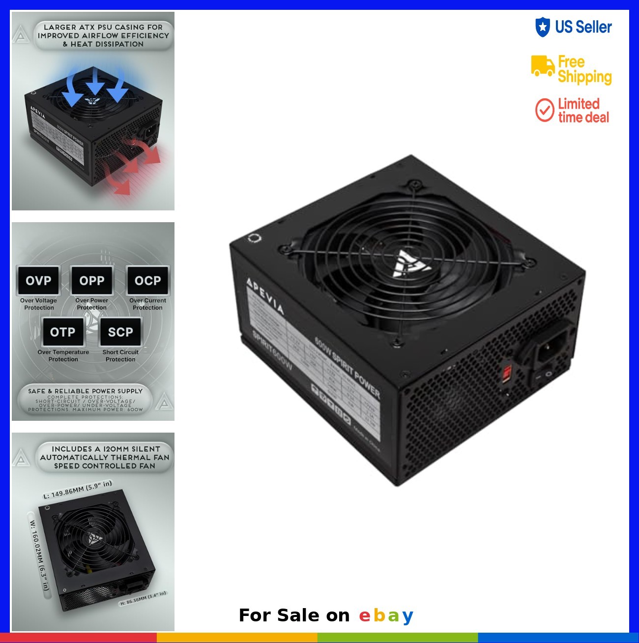 ATX Power Supply 600W 120mm Fan Dual PCIe SATA Molex Non-Modular Desktop Gaming