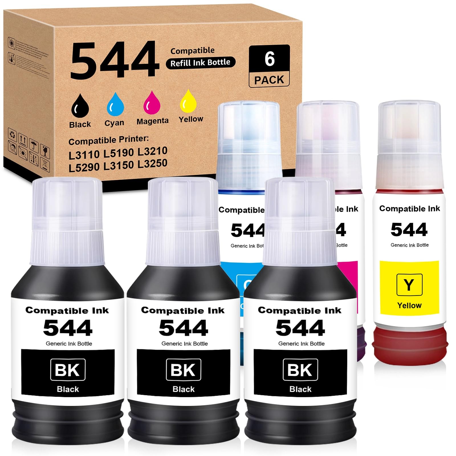 T544 Ink Refill Bottles Compatible With Epson L1210 L3110 L3250 6 PK Set