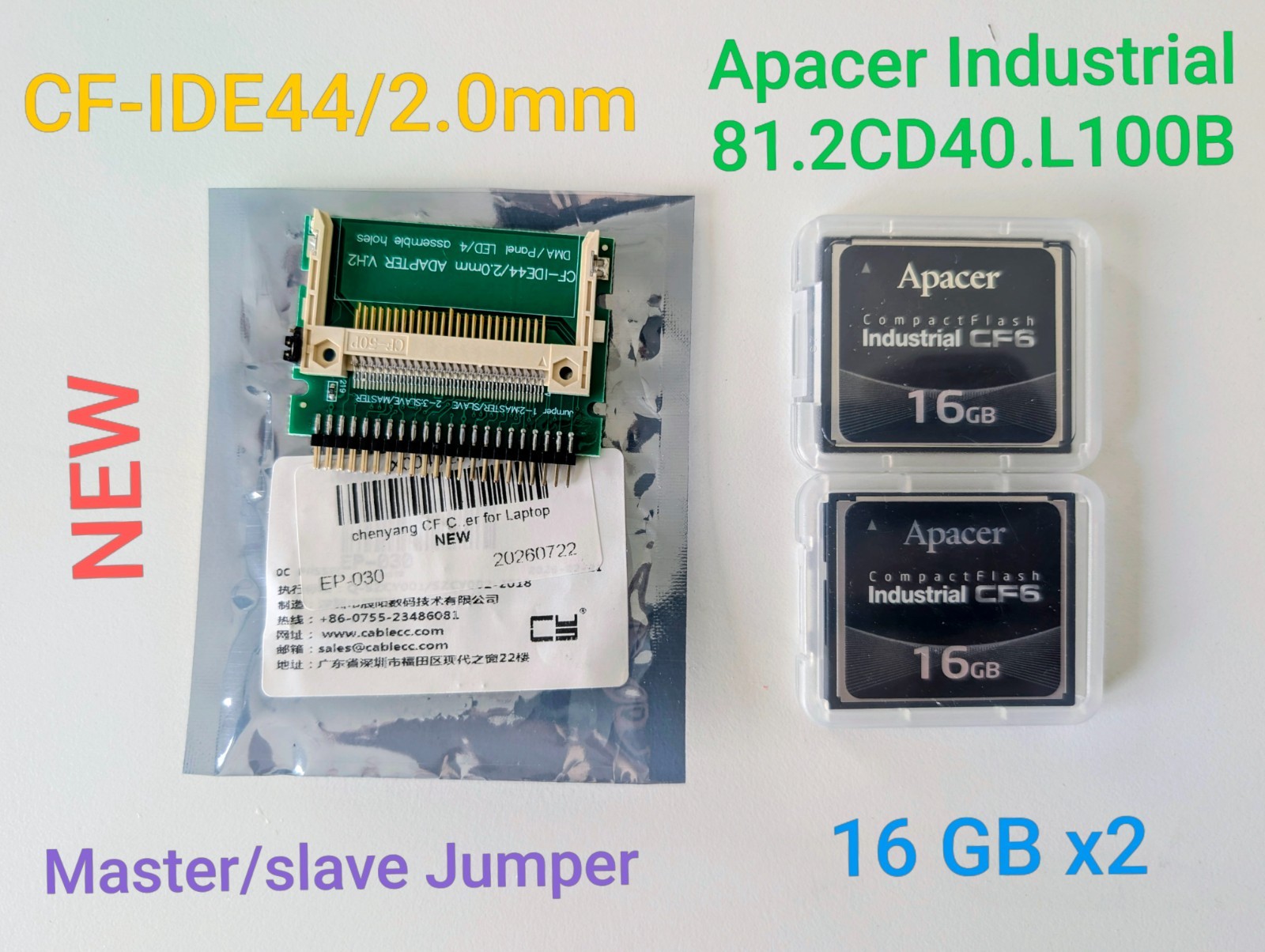 CF Compact Flash to 2.5" 44Pin IDE with 2PCS Apacer Industrial 16GB CF Card