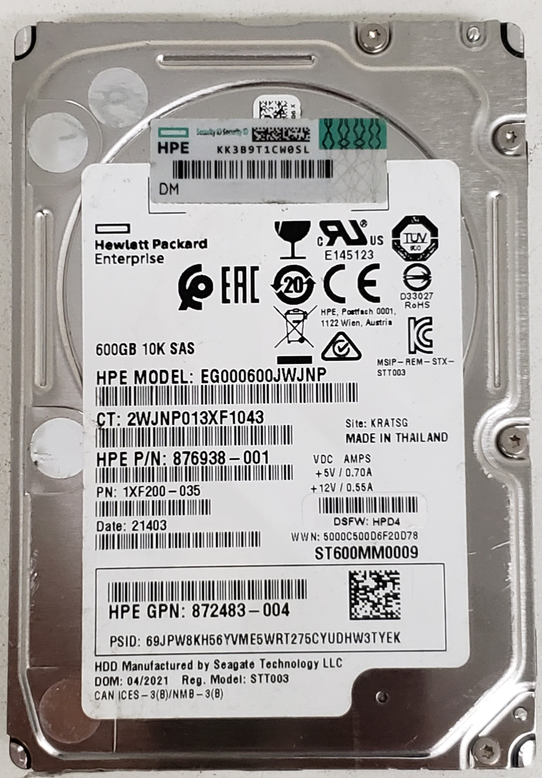 HPE 600GB 10K RPM 2.5" 12Gb/s SAS Enterprise HDD Hard Drive P/N: 876938-001.