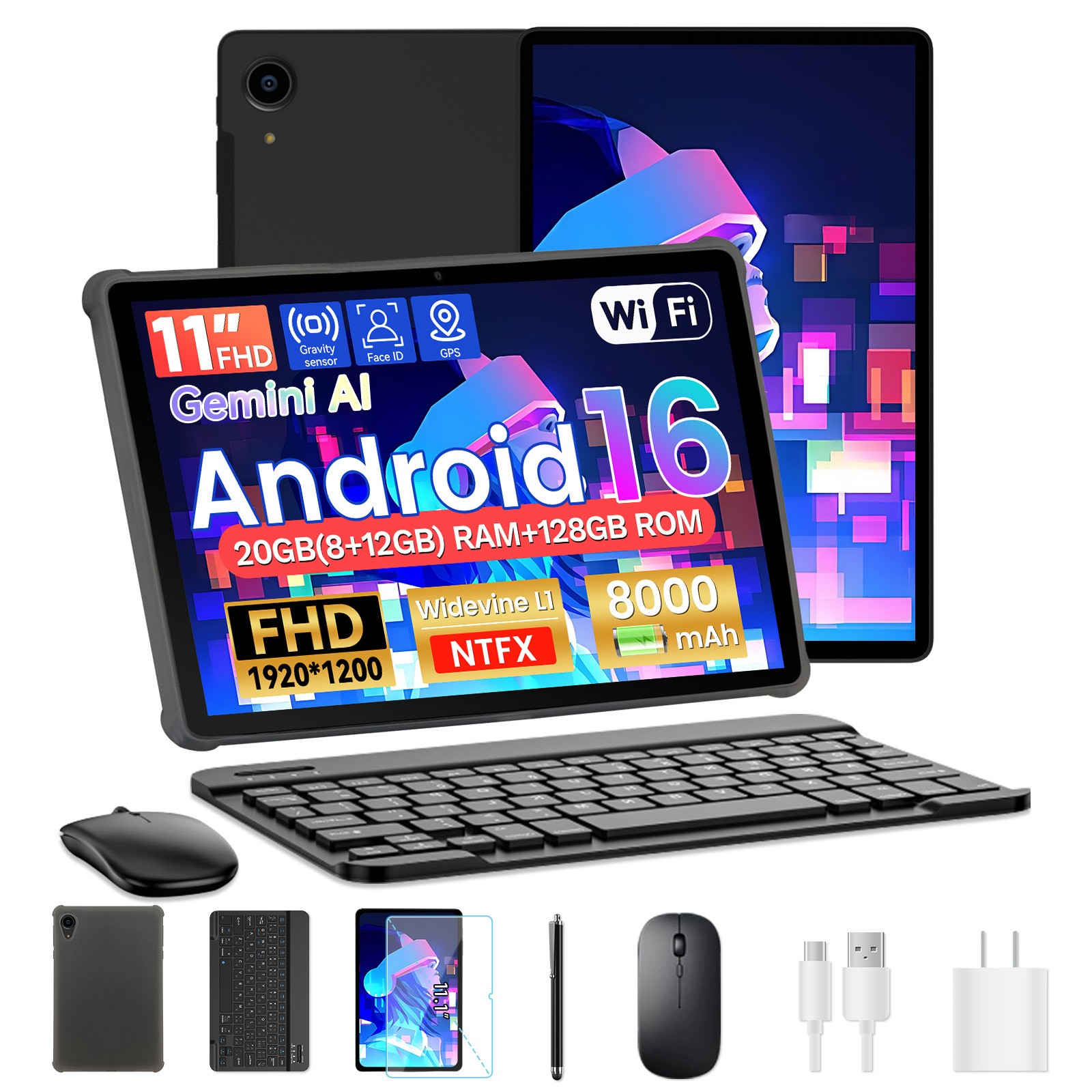 11 inch Android 16 WIFI Tablets FHD Touchscreen 8-Core 20GB+128GB with Keyboard