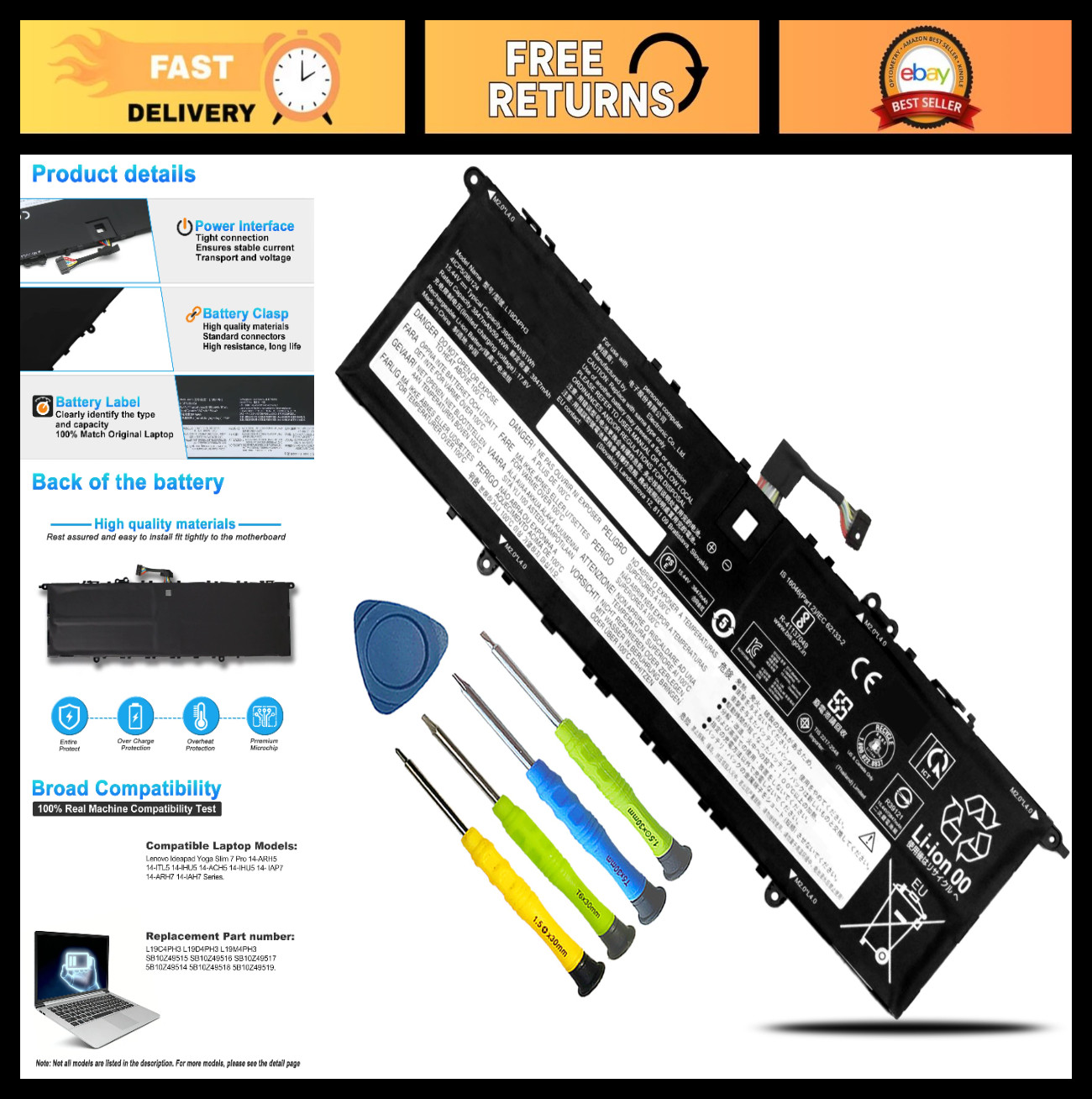 High-Capacity Laptop Battery Replacement for Lenovo Ideapad Yoga Slim 7 Pro 61Wh