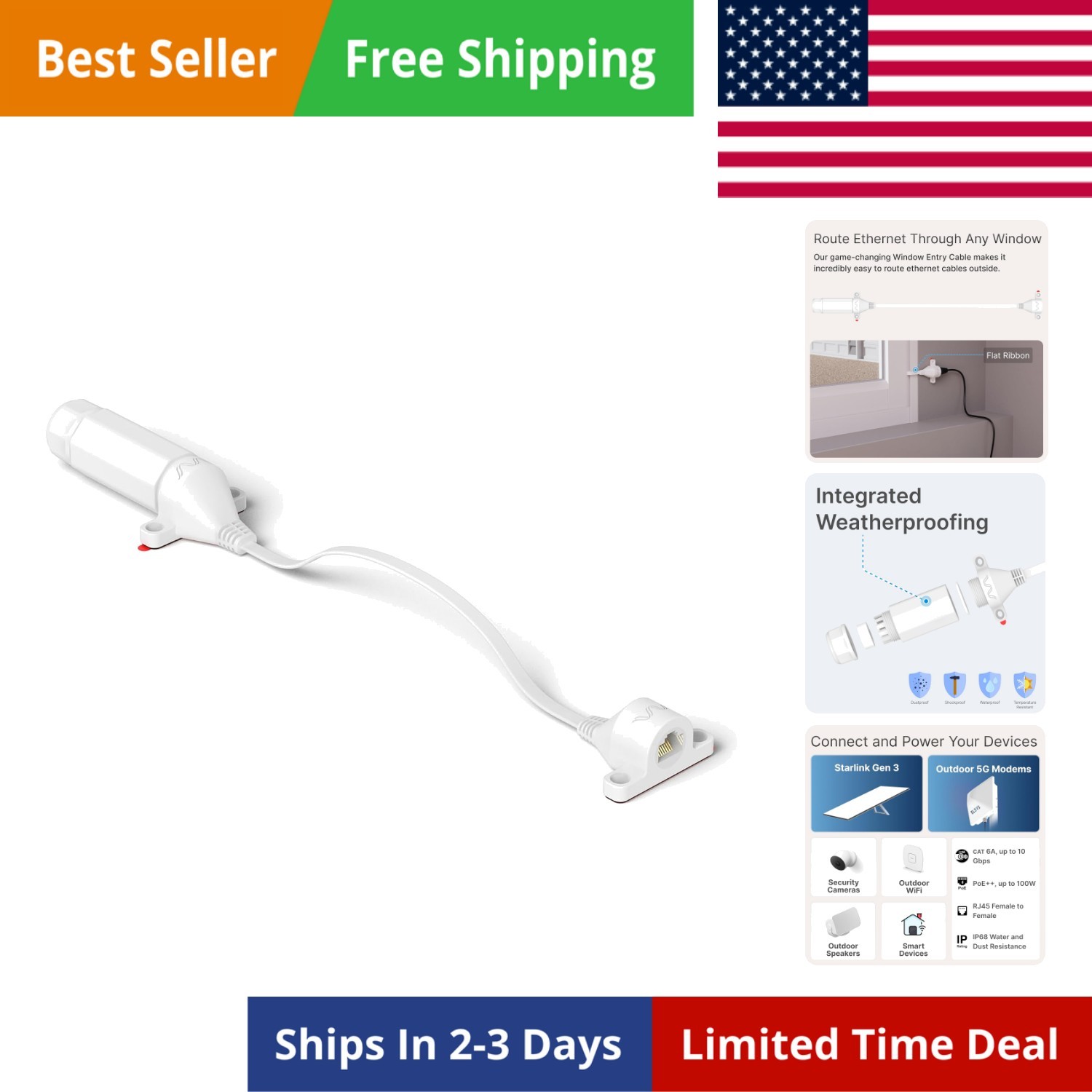 Ethernet Window Entry Cable | for Starlink, 4G/5G, and WiFi | Ultra-Flat, Hig...