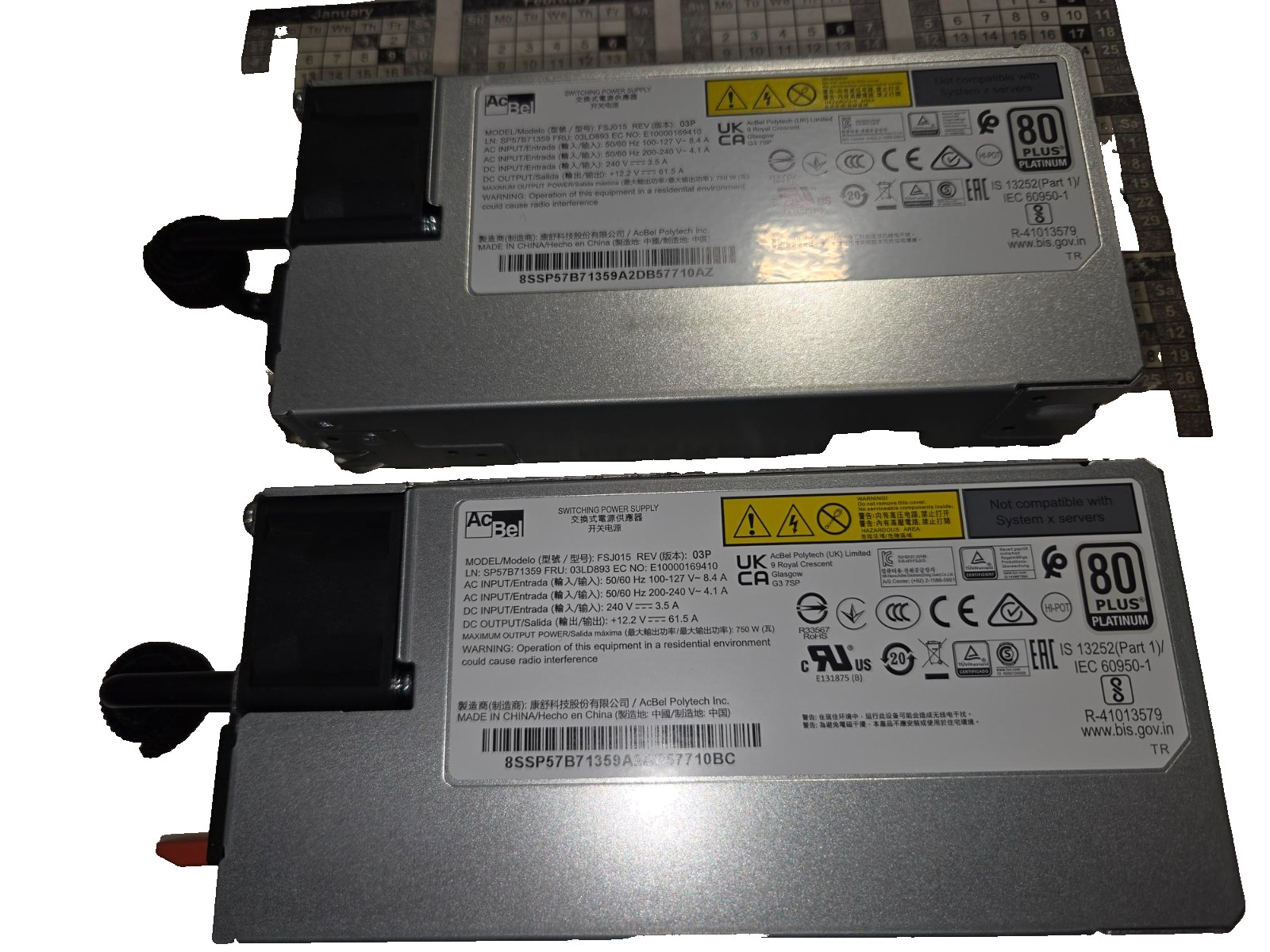 Lot of 2 AcBel 03LD893 FSJ015 Thinksystem 750W 230V/115V Hot-Swap Power Supply