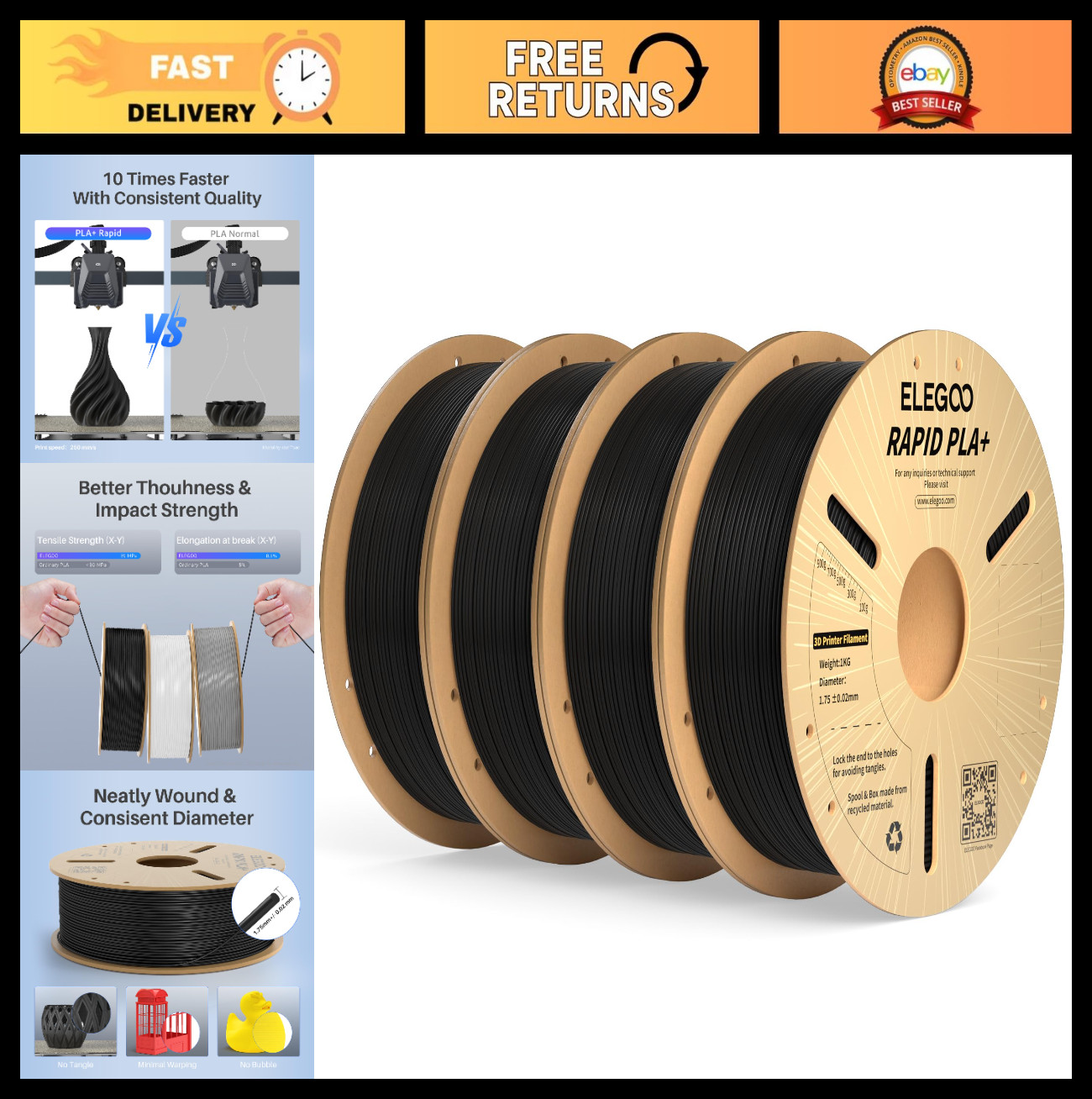High-Speed 3D Printer Filament 1.75mm Black PLA+ 4KG, Accurate & Durable, 4 Pack