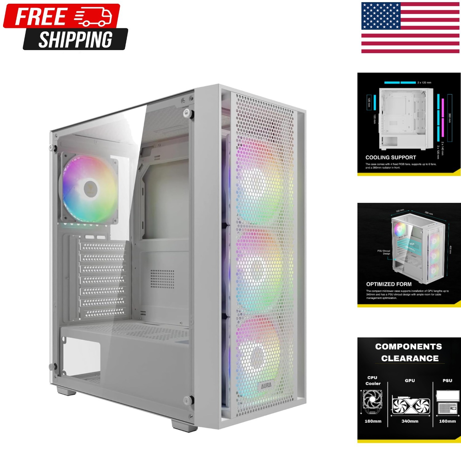 GAMDIAS White ATX Mid Tower Gaming Computer PC Case with Side Tempered Glass, Pr