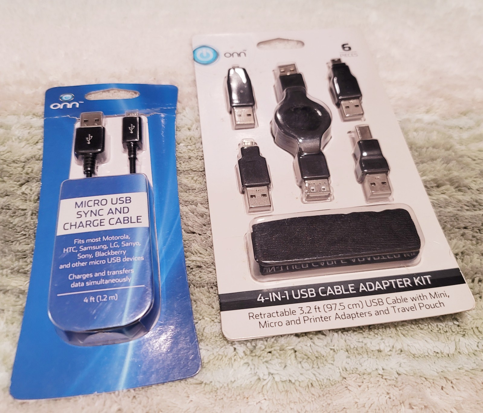 onn Micro USB Sync & Charge Cable 4ft + 4-in-1 USB Adapter Kit 3.2ft Black