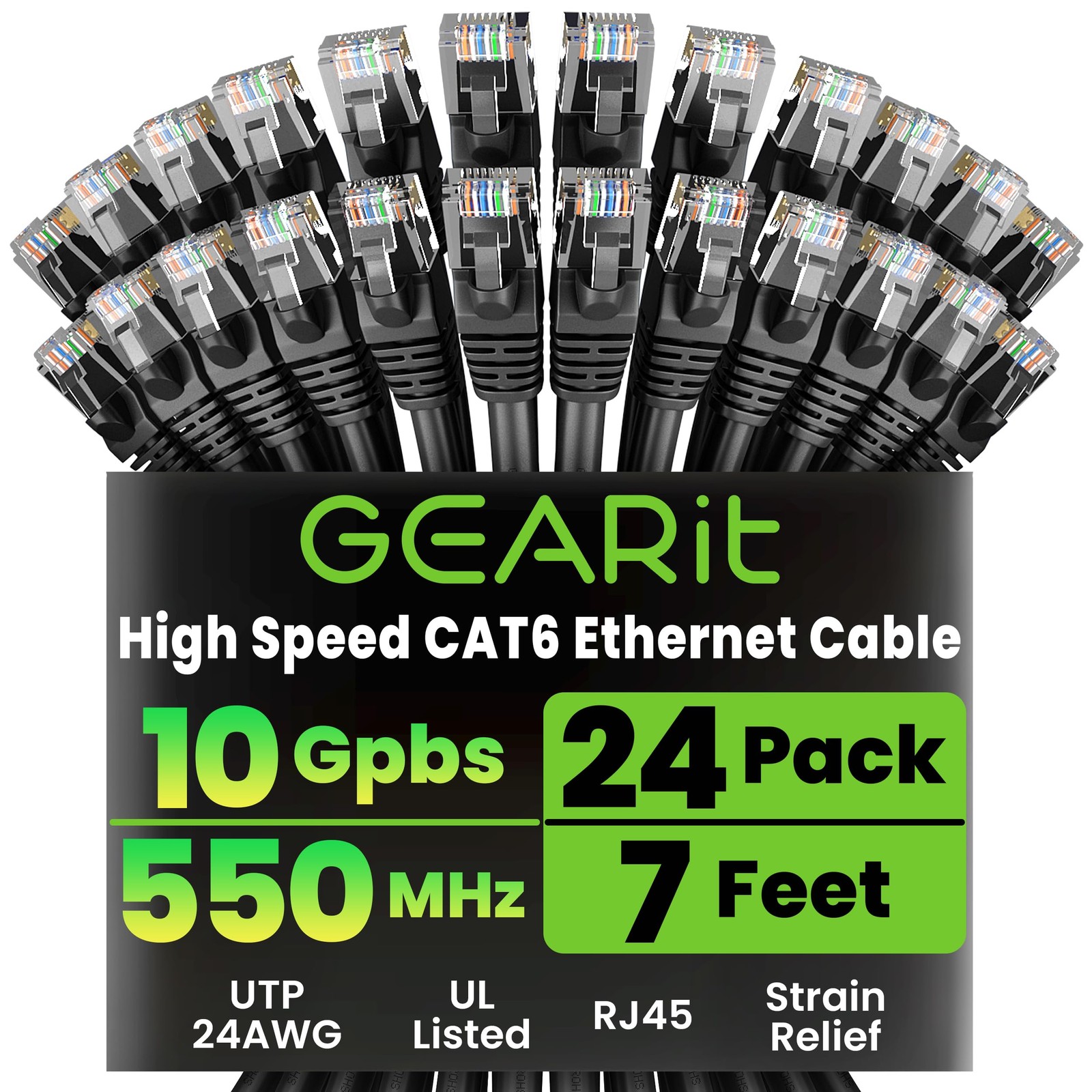 GEARit Cat6 Patch Cables Cat 6 Ethernet Cable 7 ft 24-Pack Black 7 Feet,