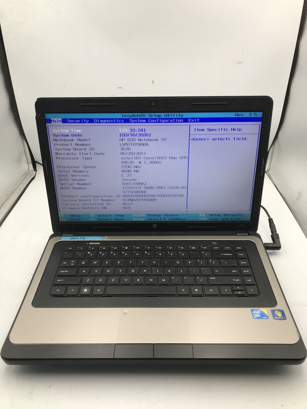 HP 630 LAPTOP - BOOTS TO BIOS - INTEL CORE 2 DUO - 4GB RAM - 15" - READ DESC -BB