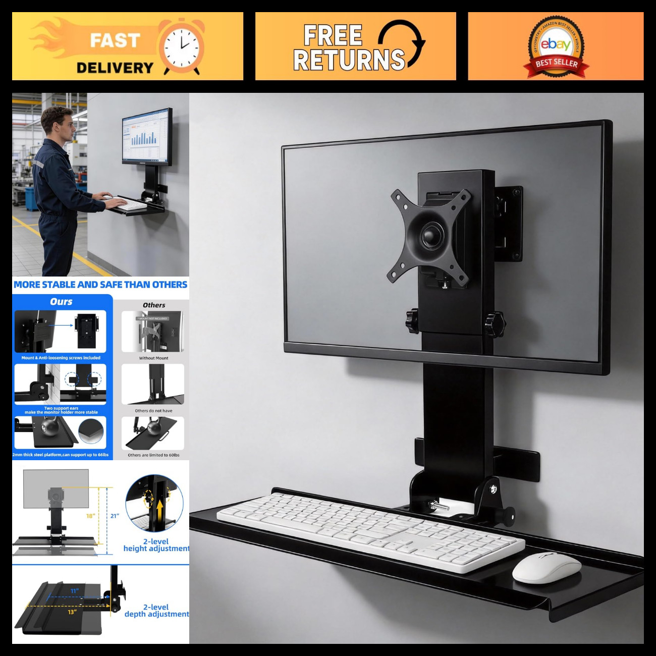 Adjustable Wall Mount for 17"-32" Monitors & Keyboard Tray - VESA 75/100, Foldab
