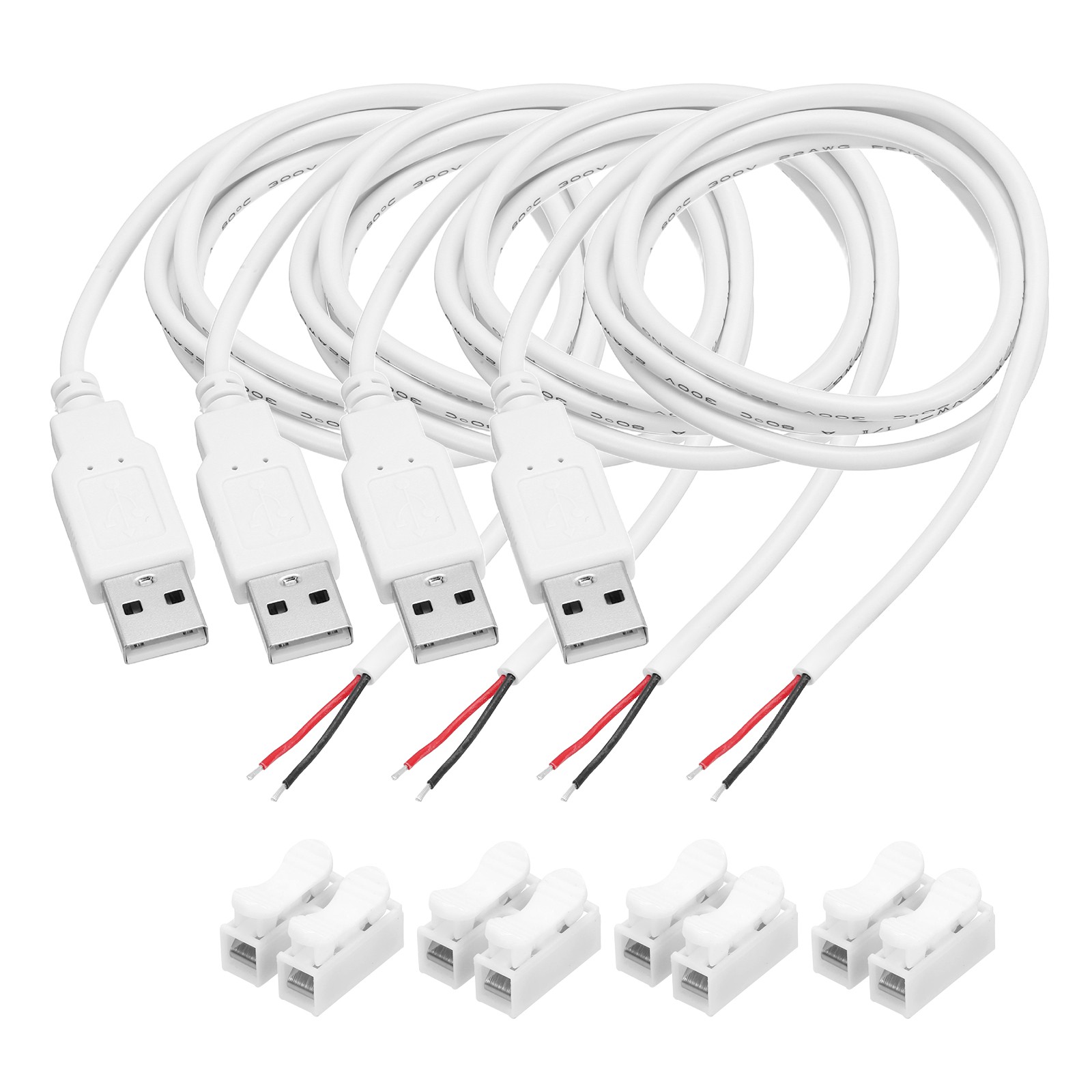 4Pcs USB Plug Pigtail, 1M/3.2FT Male 22 AWG 5V 3A with Wire Connector, White