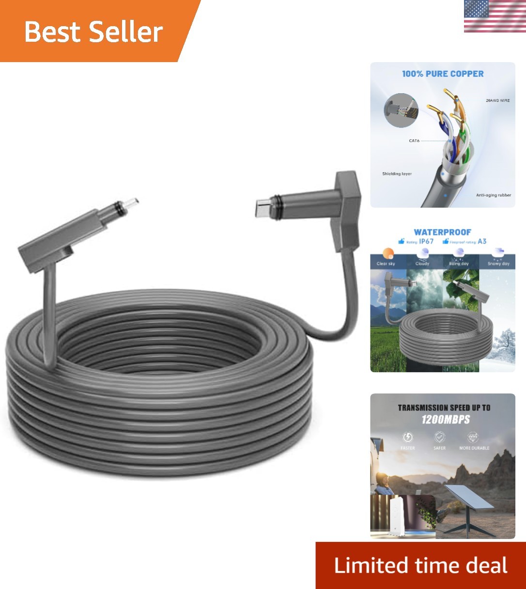 High-Speed Cat 6 Starlink Gen 2 Cable 150FT - Waterproof & Reliable Connection