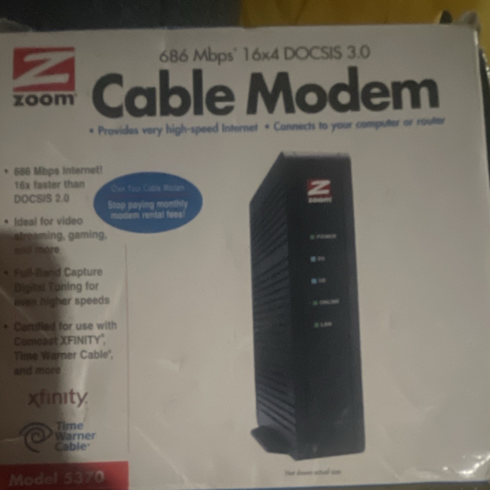 Zoom 686 Mbps 16x4 DOCSIS 3.0 Cable Modem Model 5370 XFINITY Time Warner