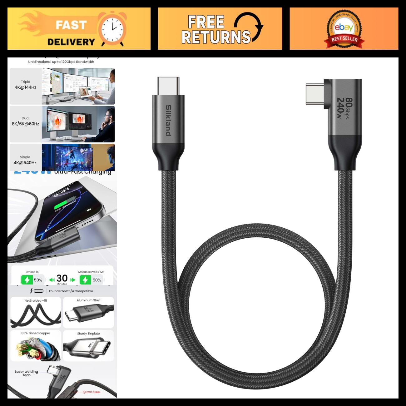 80Gbps USB 4 Thunderbolt 5 Cable Right Angle 240W 1.6FT - High-Speed Data Transf
