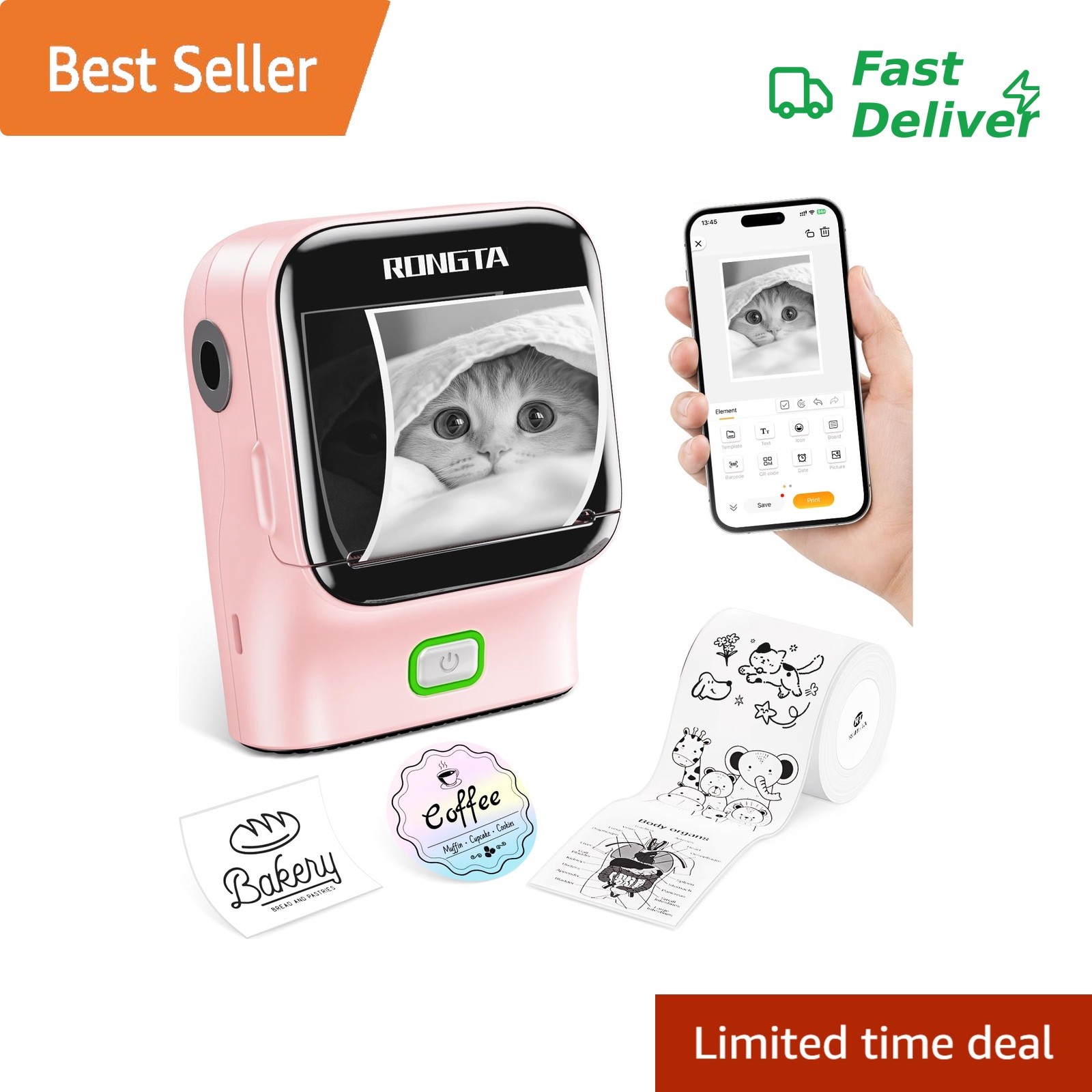 Rongta Mini Bluetooth Thermal Label Printer, Pink