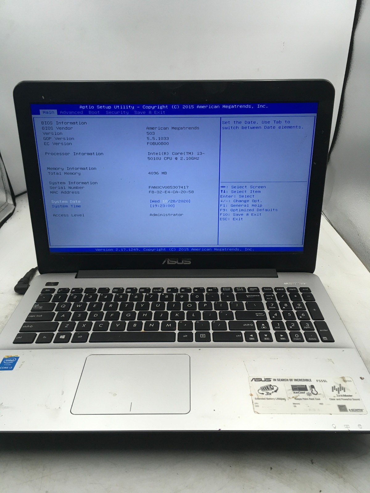 ASUS F555L - BOOTS TO BIOS - INTEL I3 5010U - 4GB RAM - 500GB HDD - READ DESC-BB