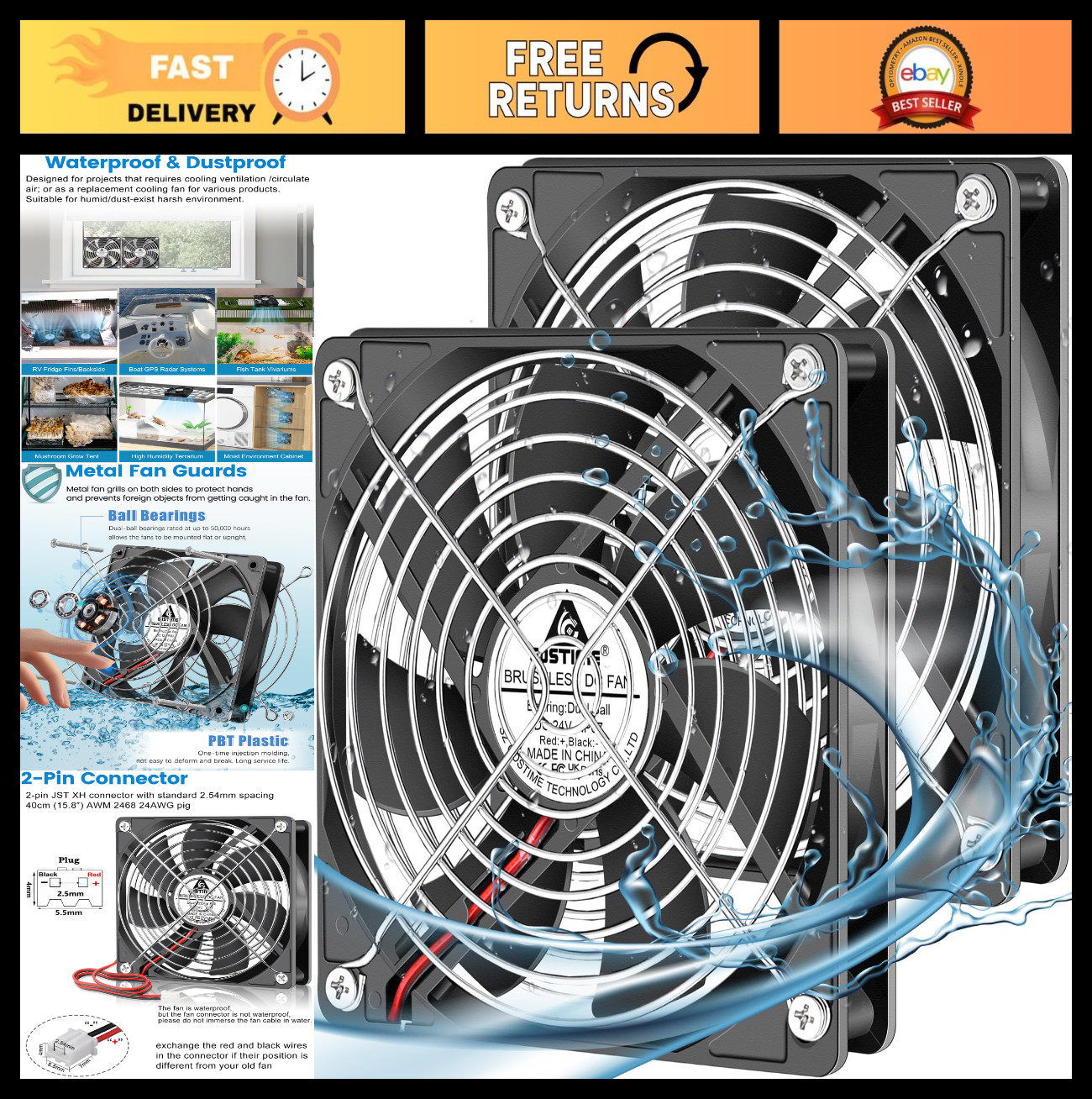 120mm Waterproof Cooling Fans 24V DC IP67 Dual Ball 2-Pack | Brushless PC Case E