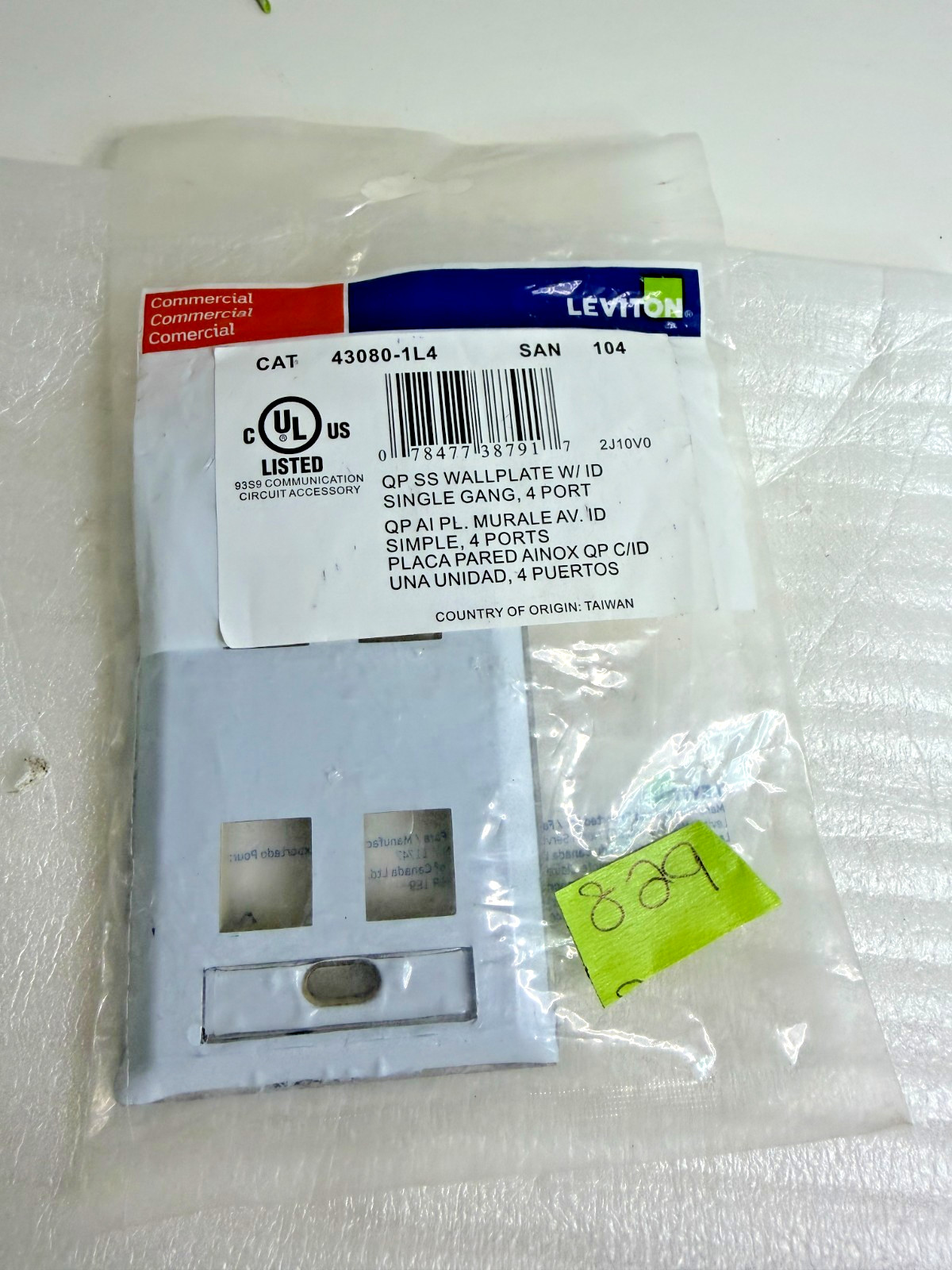 LEVITON 4-PORT single gang  QUICKPORT  SS WALLPLATE W/ ID WINDOW 43080-1L4  