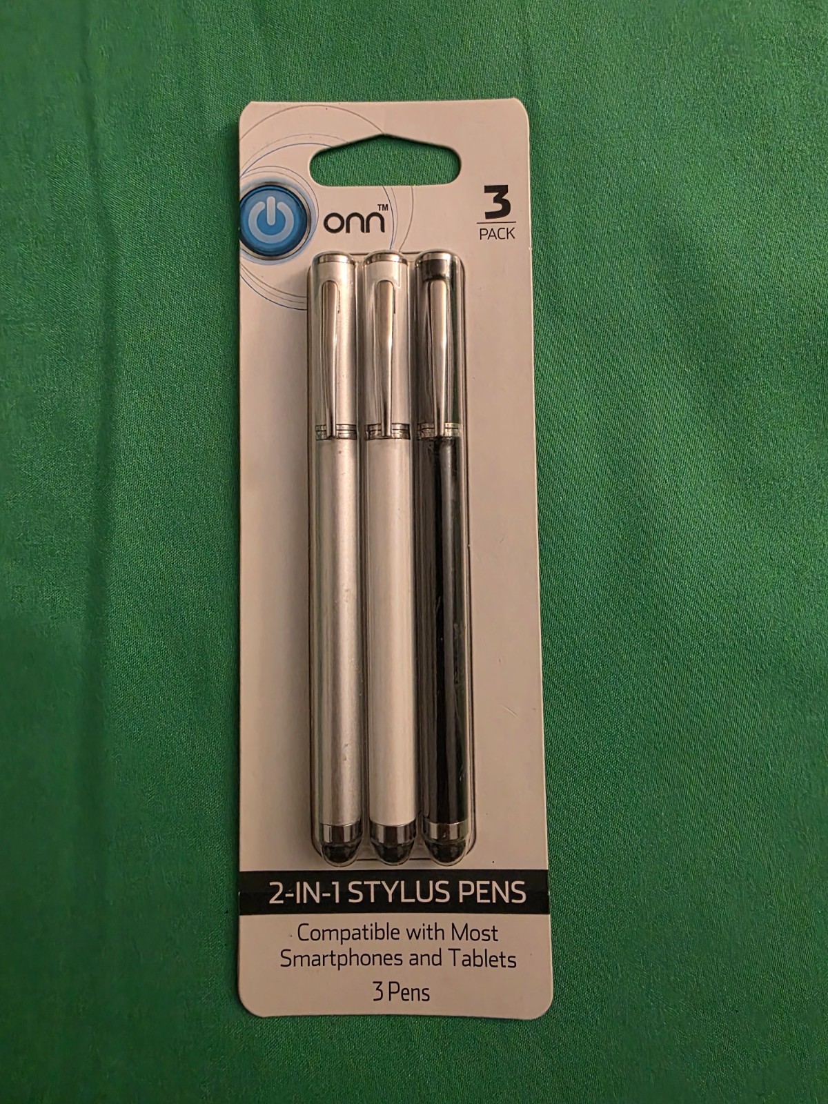 ONN 2-in-1 Stylus Ballpoint Pen 3-Pack Silver White Black New Gift Phone Tablet