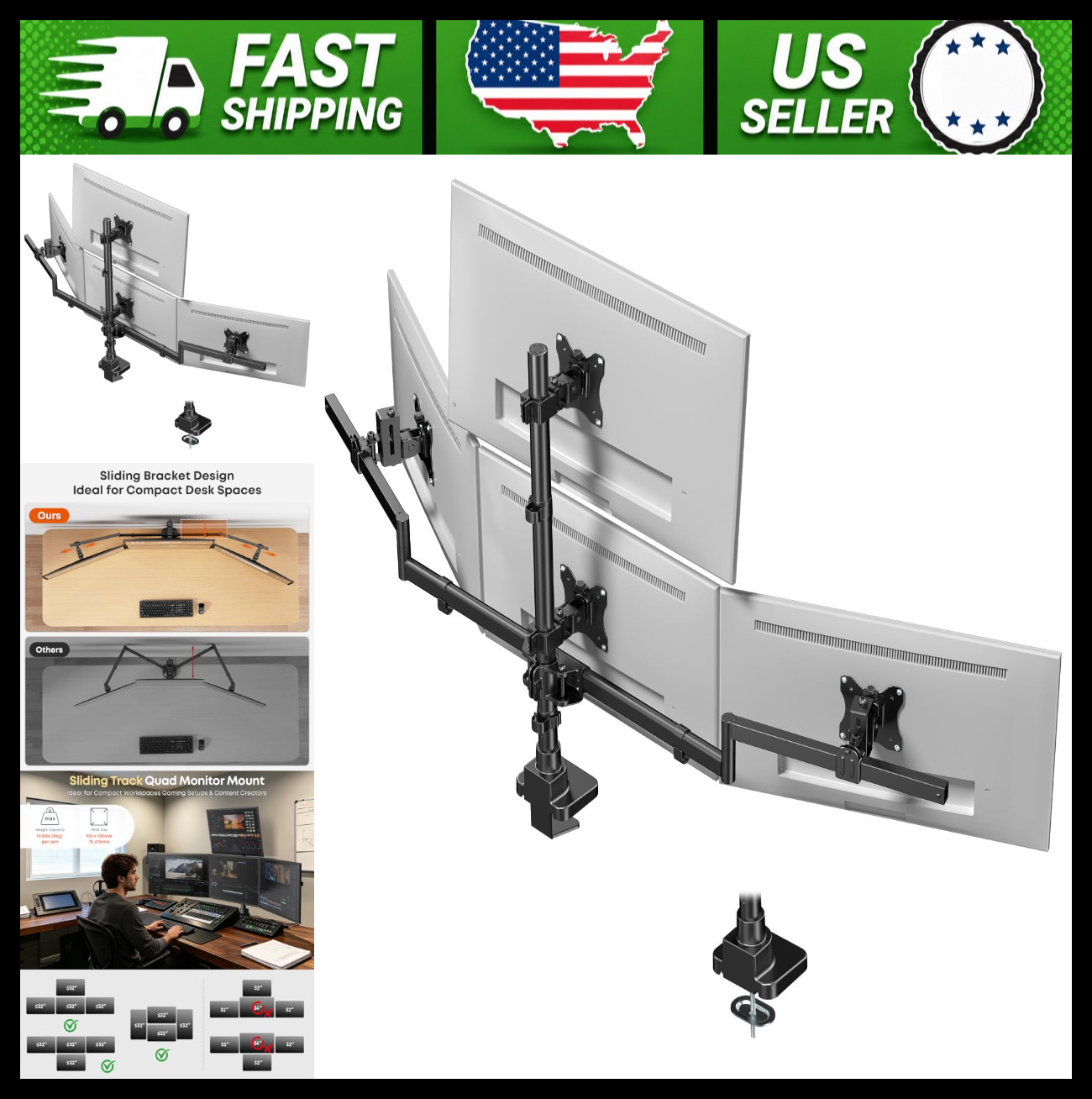 Quad Monitor Mount for 4 Monitors up to 32", Sliding, 19.8 lb Capacity