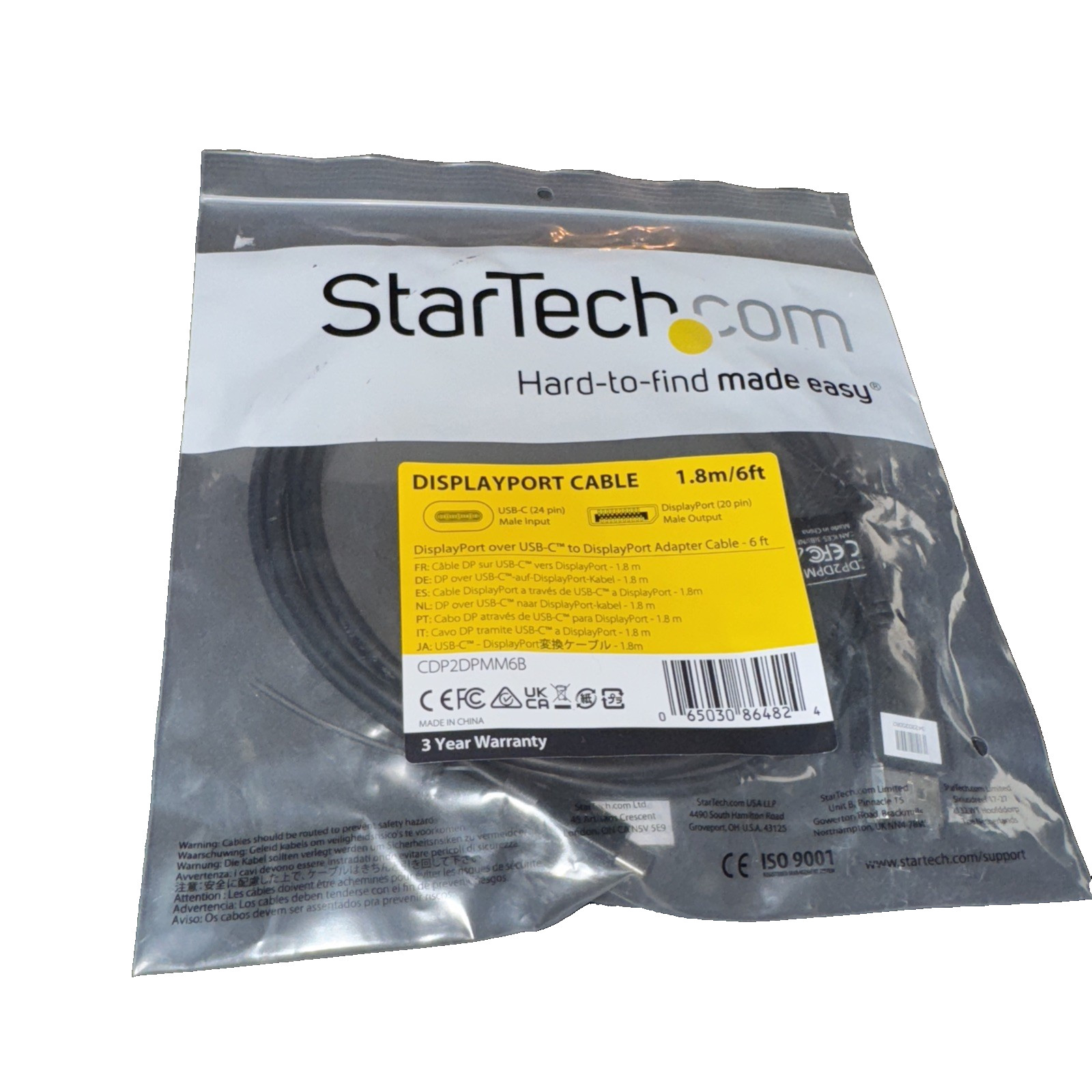 StarTech.com USB-C to DisplayPort 1.2 Cable 4K 60Hz 6ft/1.8m