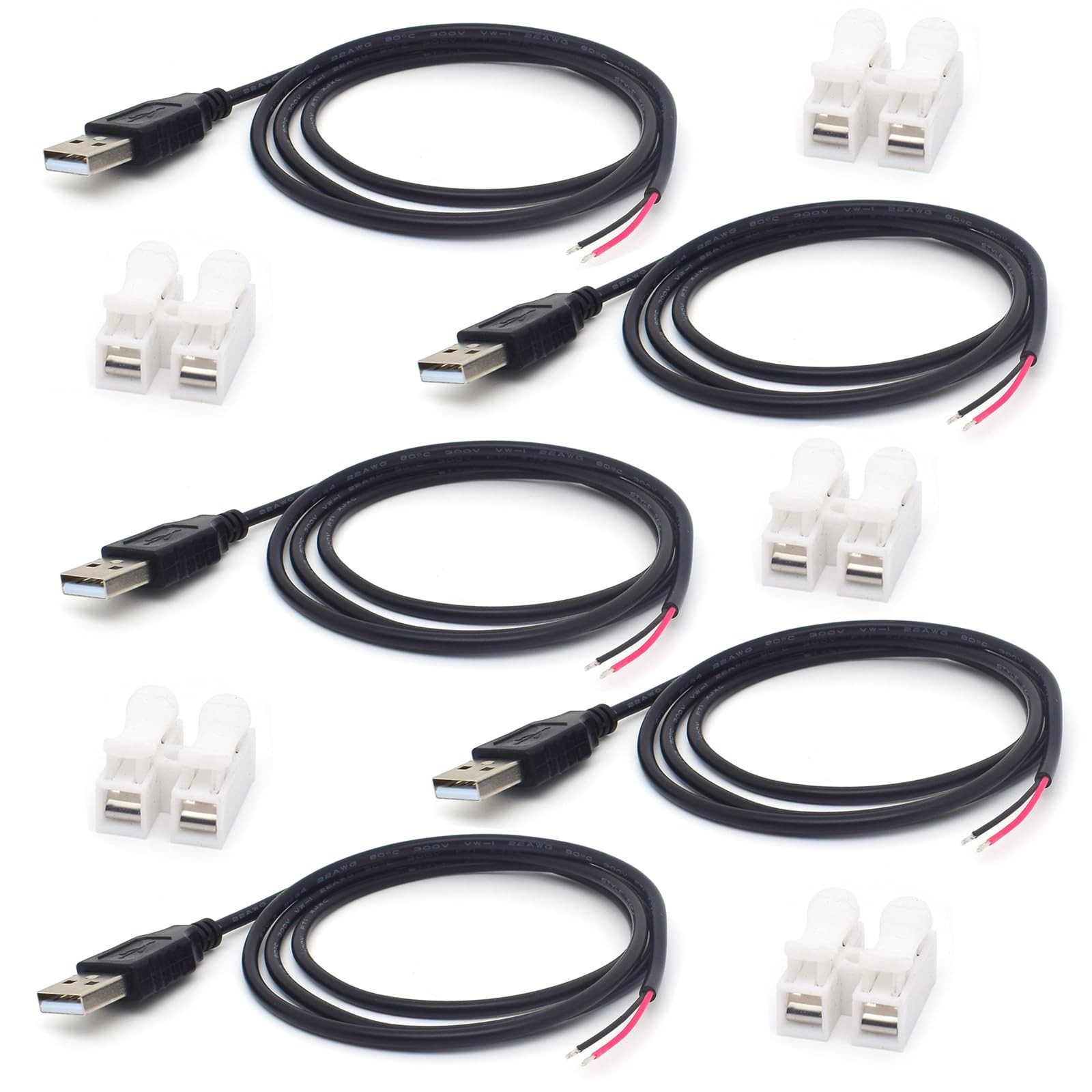 ELNONE 5PCS USB Pigtail 2 Wire Cable, 1M/3.3FT 1 meter (3.3 feet), Black
