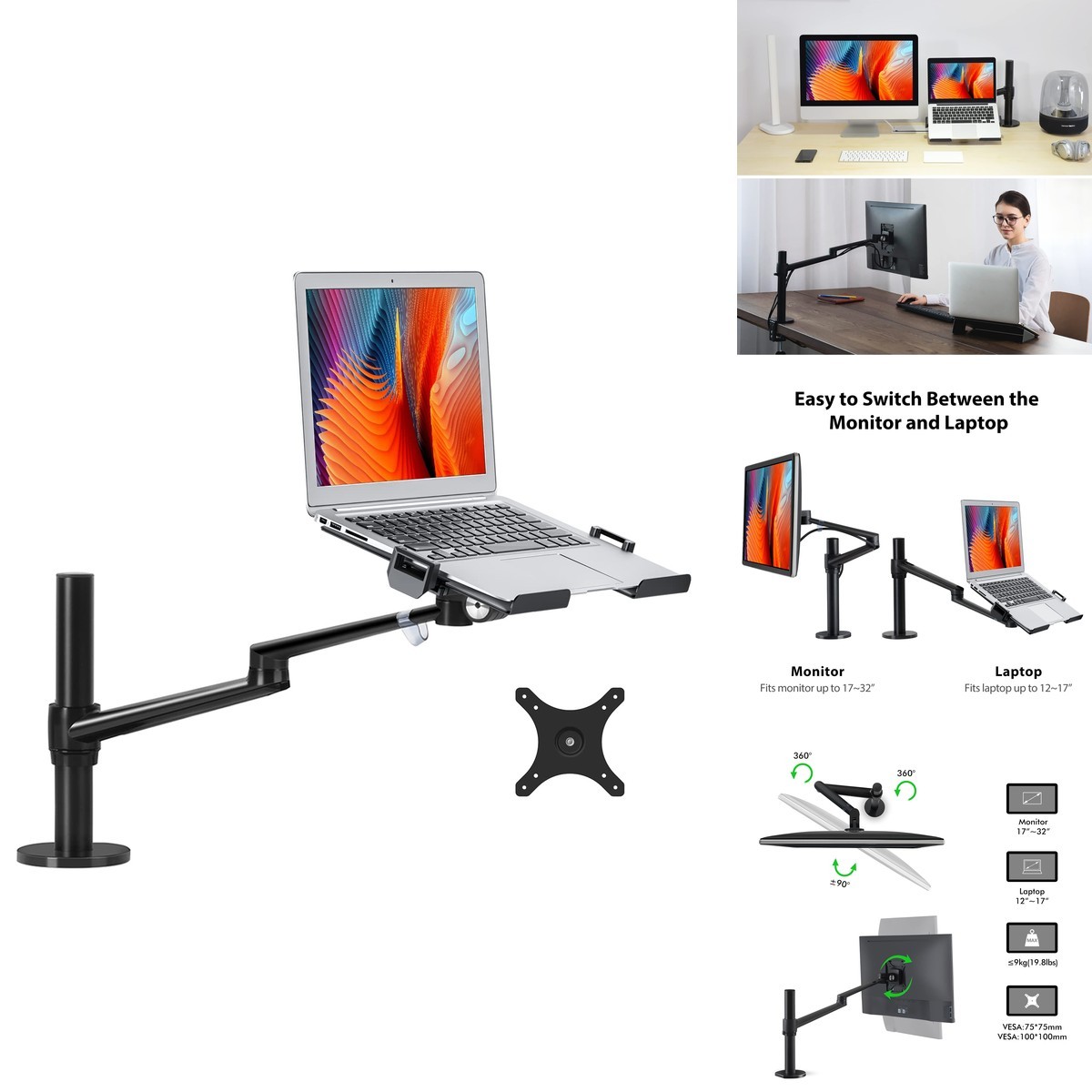 Viozon Laptop/Notebook/Projector Mount Stand, Height Adjustable Single Arm