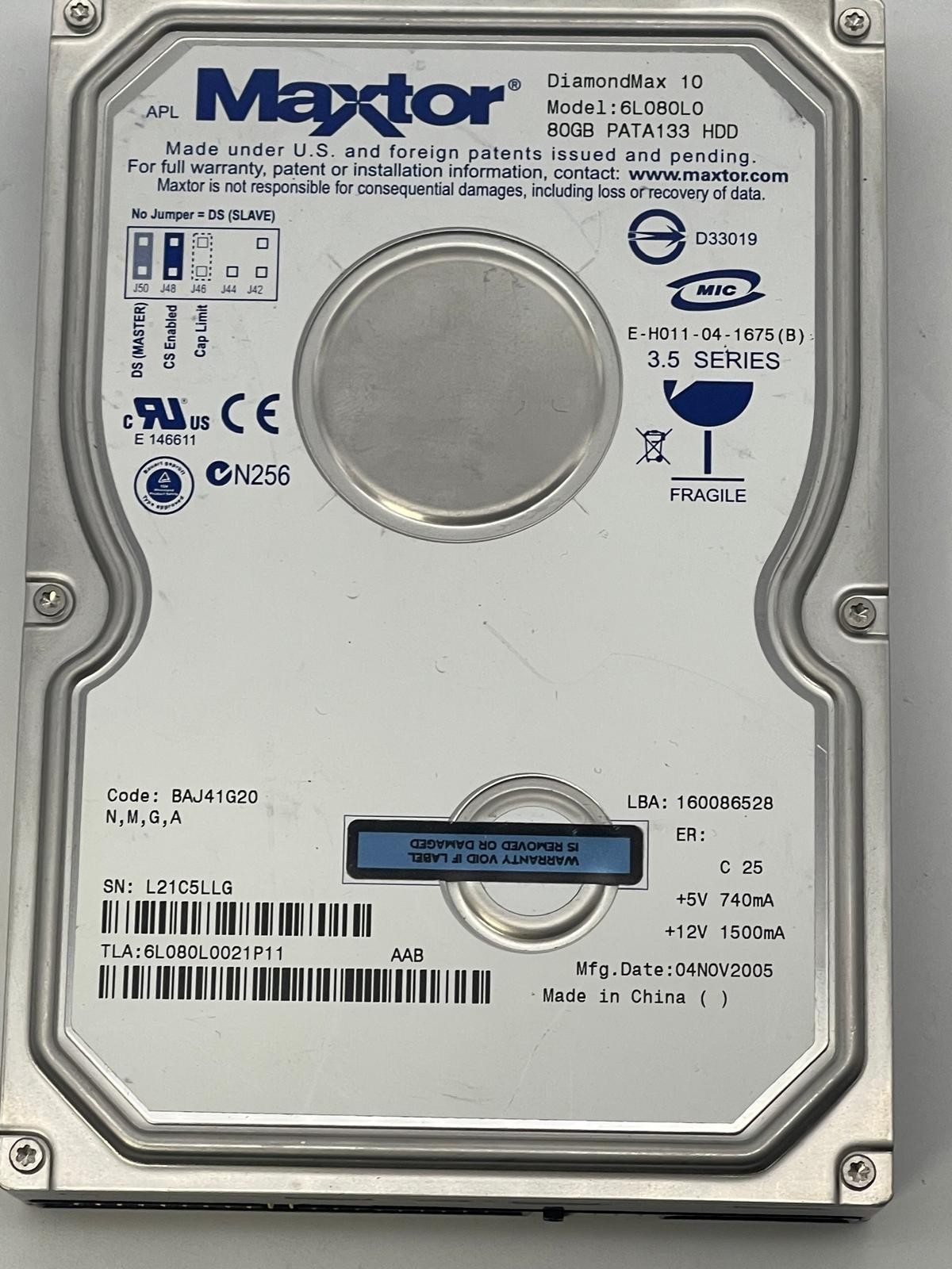 Maxtor DiamondMax 10 80GB IDE Hard Drive – 6L080L0 – Tested & Wiped