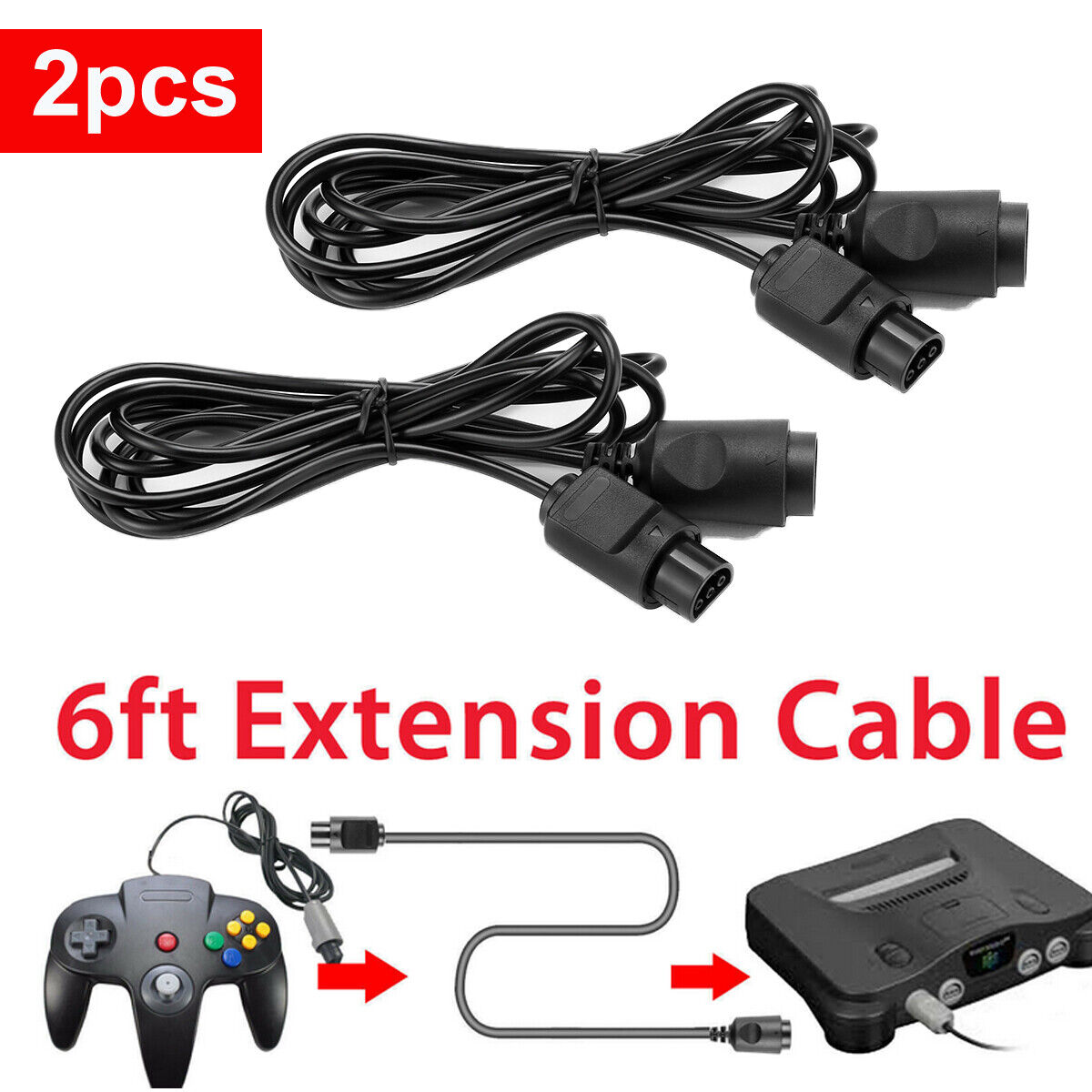 2 Pack Extended Extension Cable Cord for Nintendo 64 Controller N64 Game Console