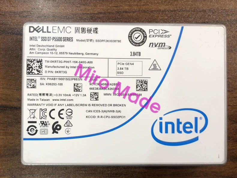 Dell Intel D7-P5500 3.84TB U.2 NVMe PCIe Gen4 2.5" SSD 0KRT3G 100% Health