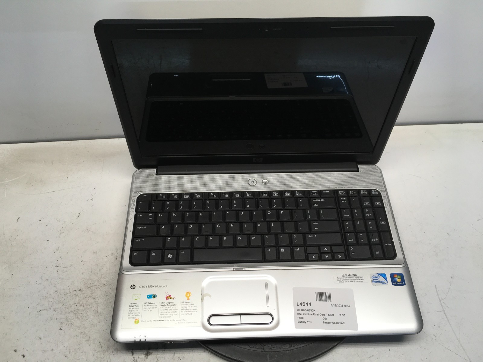 HP G60-635DX Intel Pentium Dual-Core T4300 2.1GHz 3 GB NO HDD